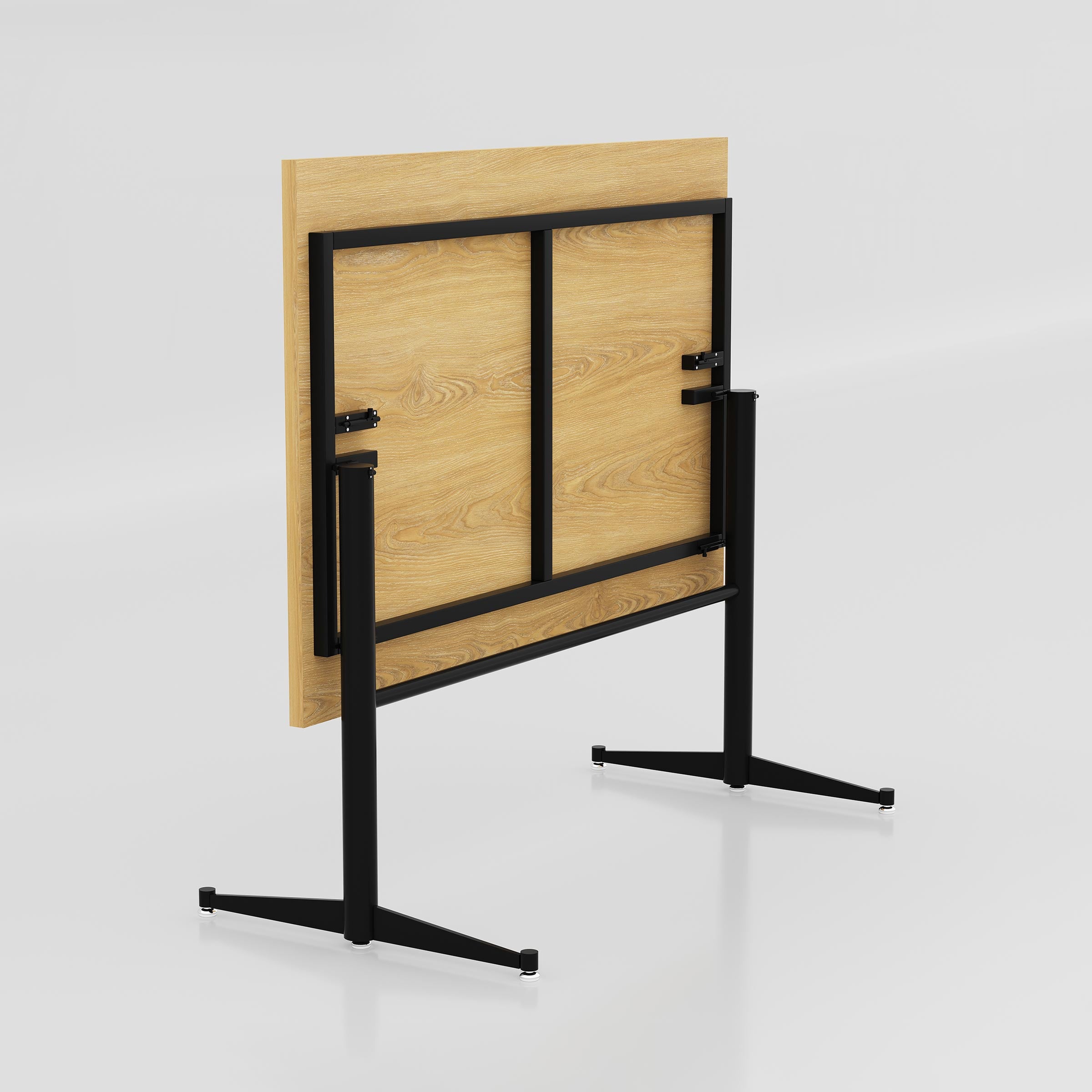 Premium stackable dining table with lacquer finish wood top and sturdy metal frame for contemporary spaces.