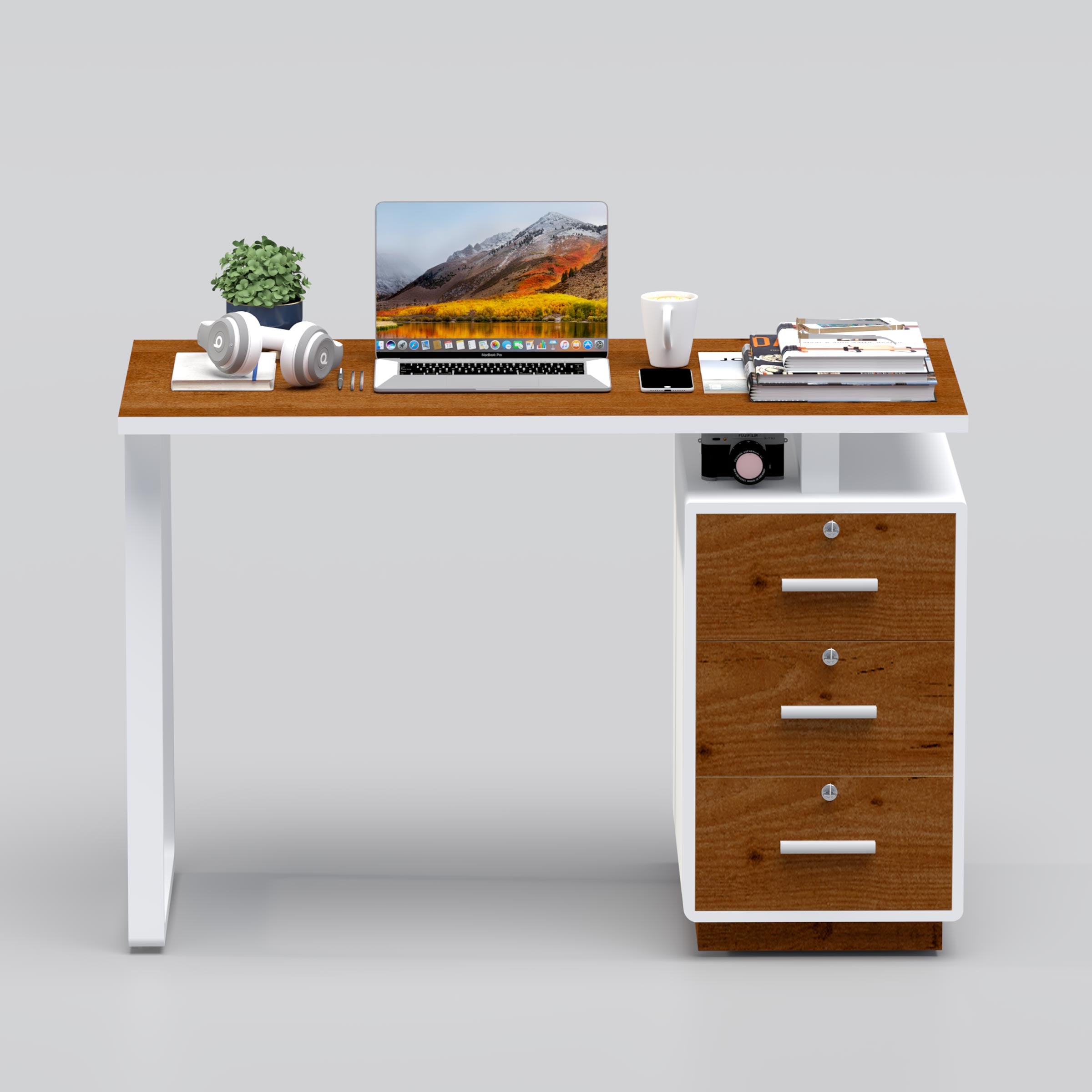 Elyra Study Table with steel legs and 3 drawers, smart computer desk for study room, laptop work, and home office use BD