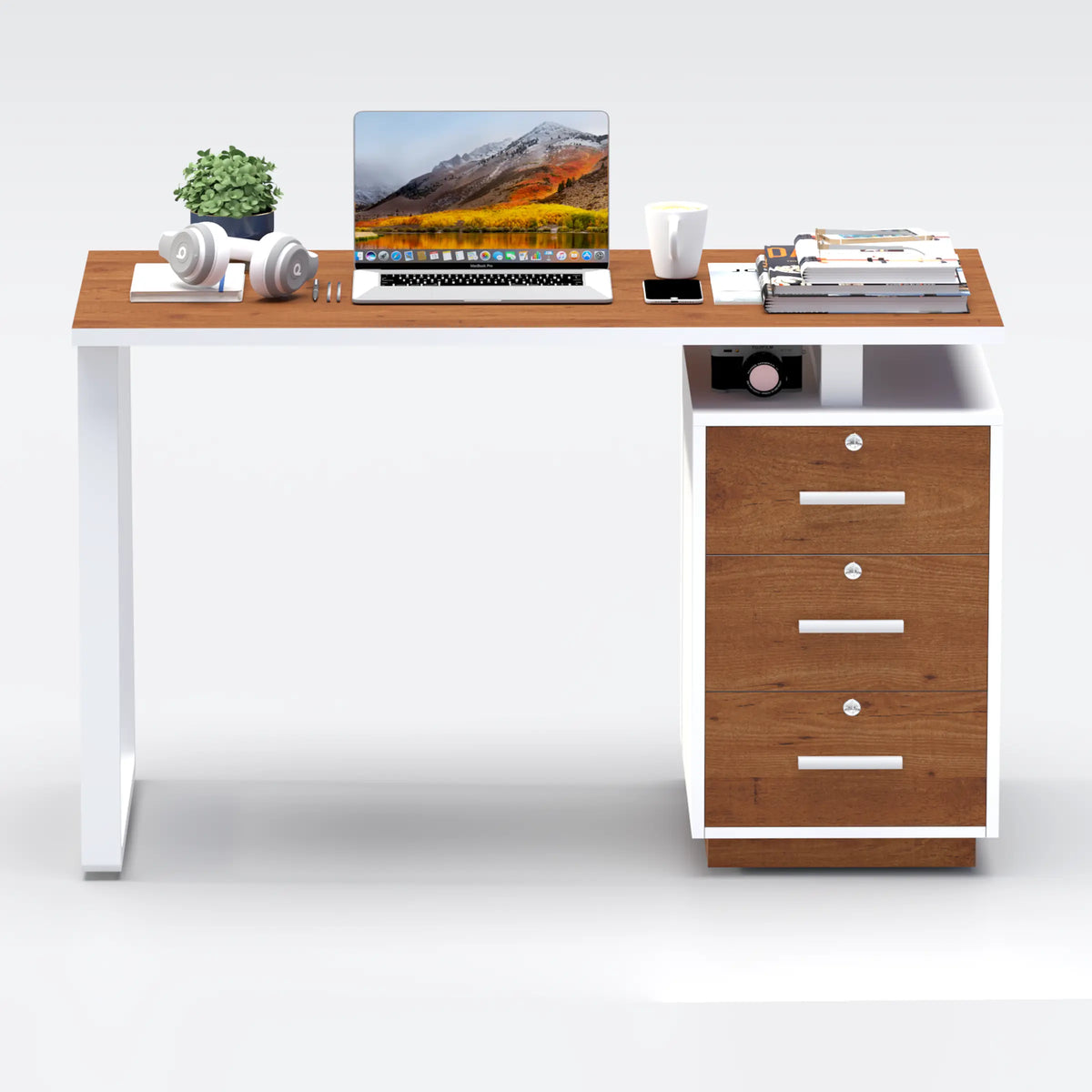 Elyra Study Table with warm wood finish, white metal frame and three storage drawers for modern study rooms.