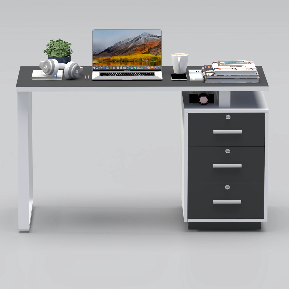Elyra Study Table in dark finish with white frame, open shelf and three drawers for organized study spaces.