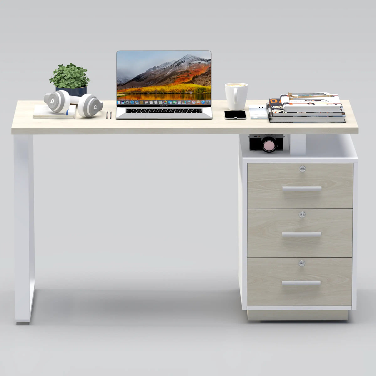 Elyra Study Table with light wood finish, white frame and three-drawer cabinet for home study and workspace use.
