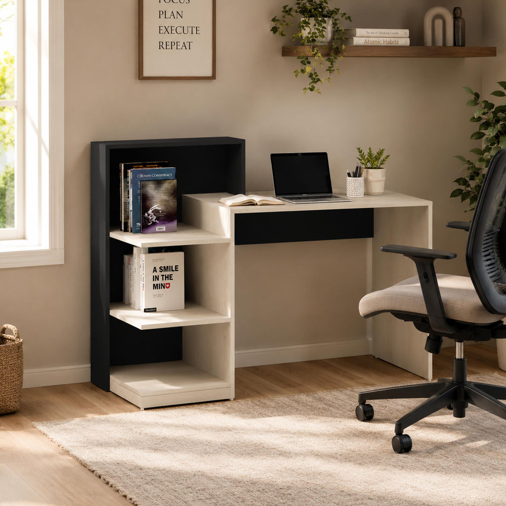 Fenlo Study Table with side bookshelf, compact study desk for home office, bedroom, and student workspace in Bangladesh.