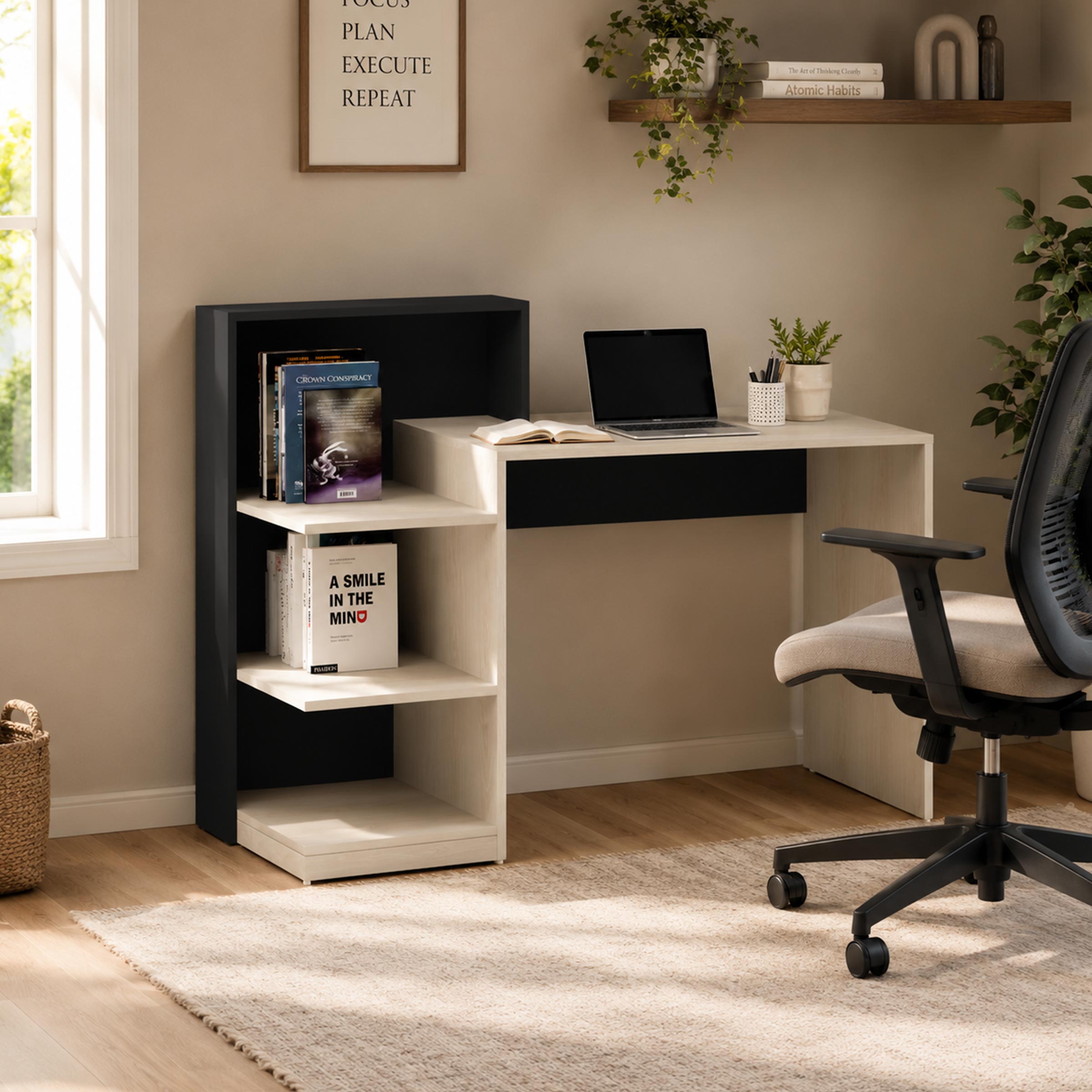 Fenlo Study Table with side bookshelf, compact study desk for home office, bedroom, and student workspace in Bangladesh.