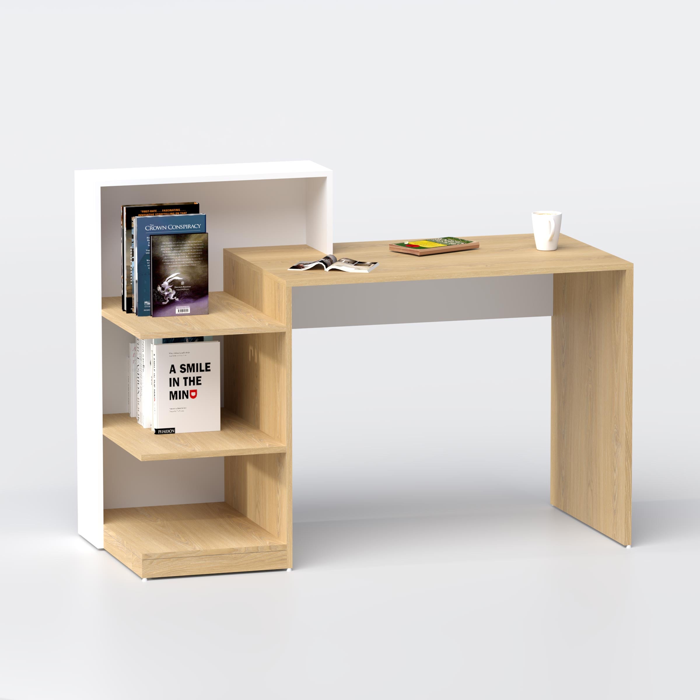 Fenlo Study Table with smart side rack, modern study desk for laptop, books, online classes, and home office use in home