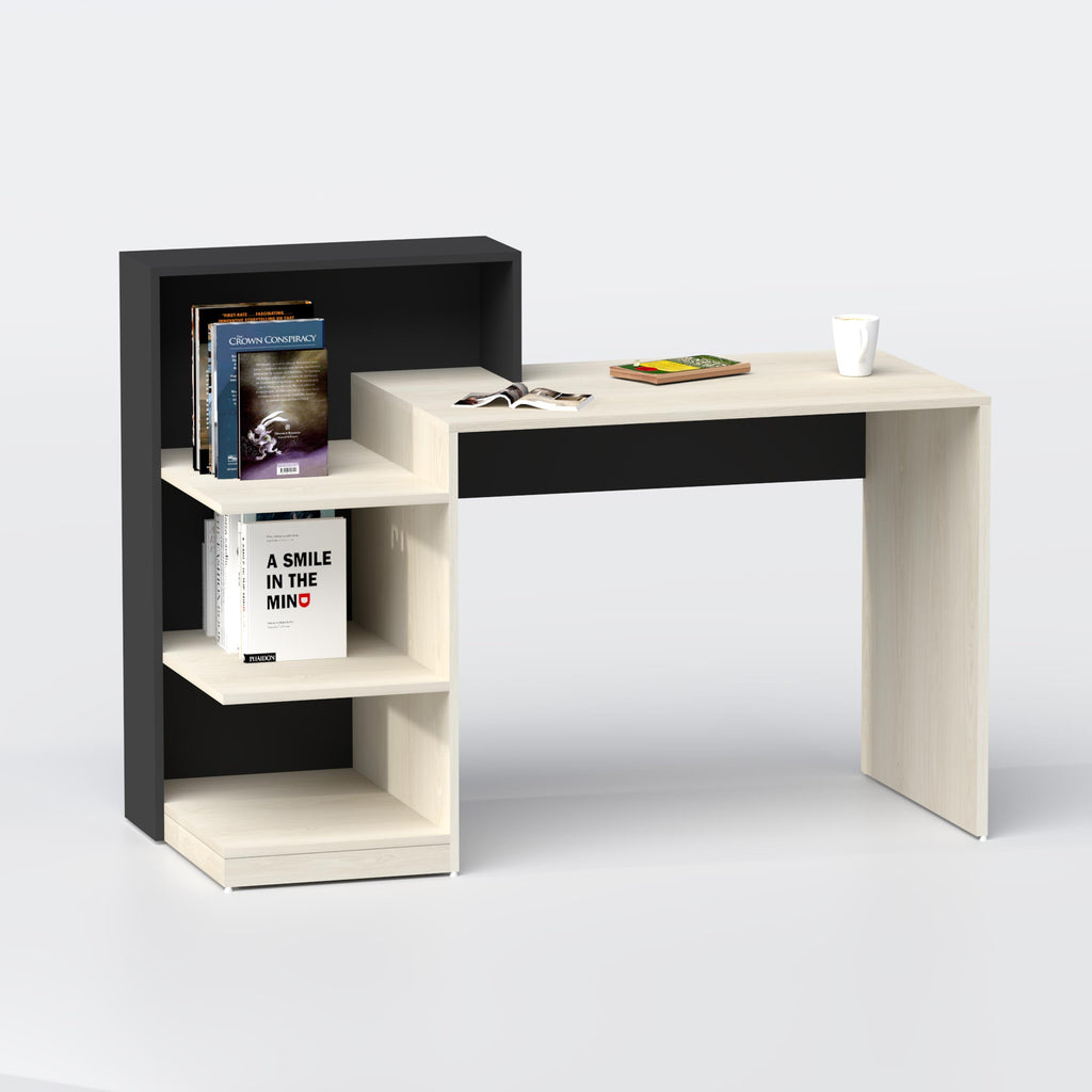 Fenlo Study Table for students, compact desk with open shelves for books, laptop, homework, and organized study setup BD