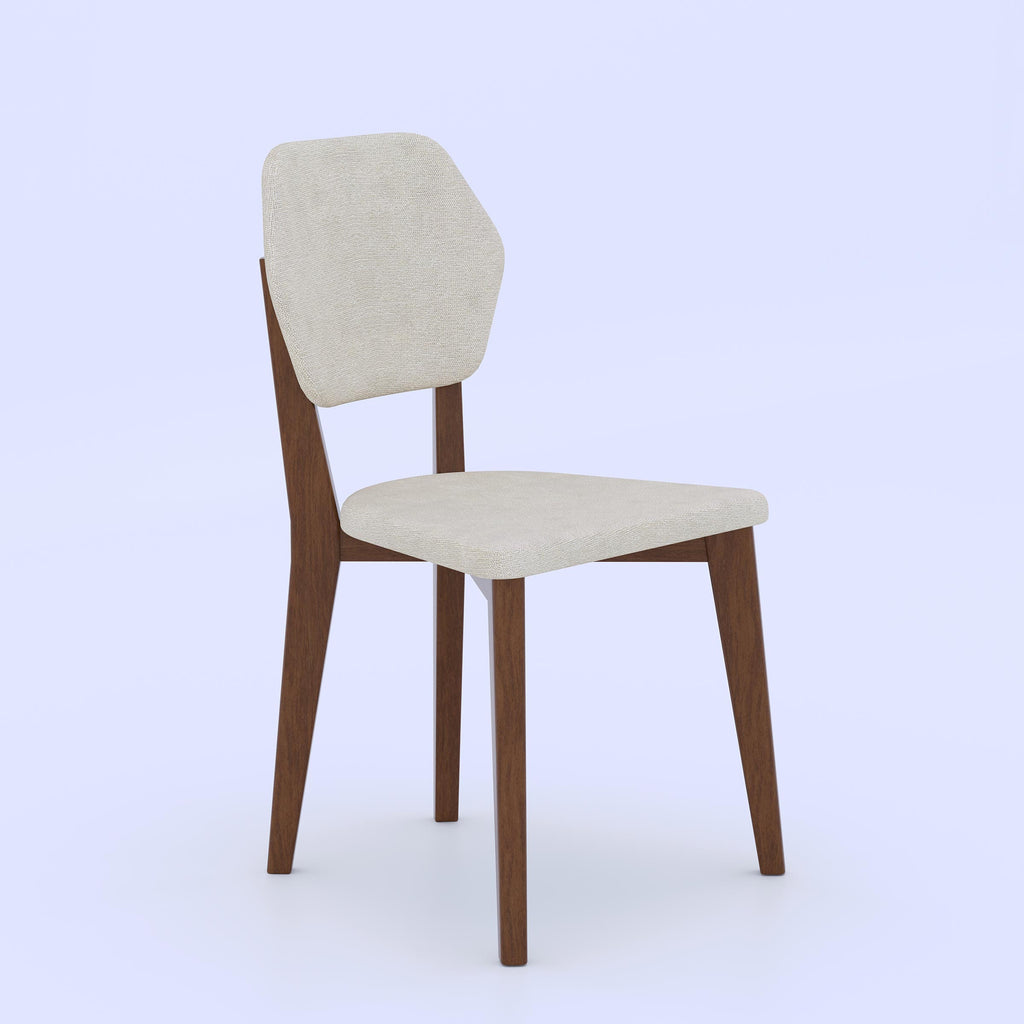 Fexon Dining Chair with solid wood frame, fabric cushion seat, modern geometric backrest, and stylish home dining design.