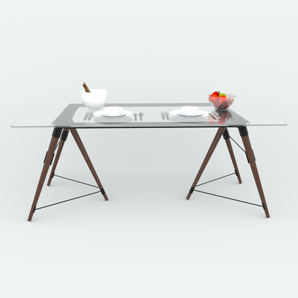 Fexon dining table with a clear top and angled brown legs, viewed along the long side.