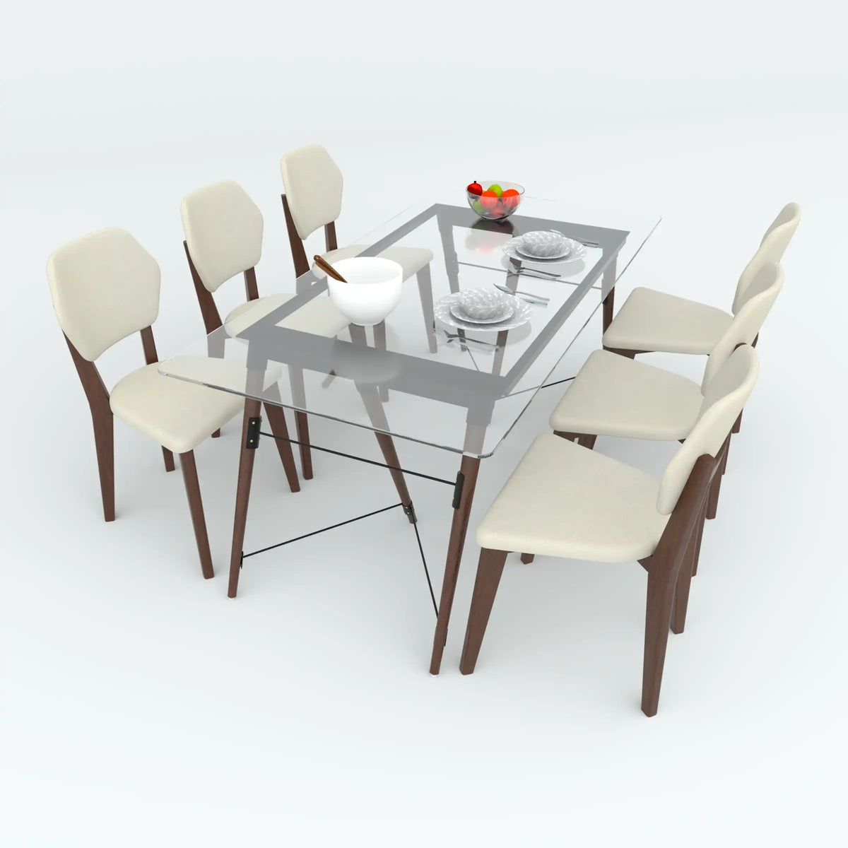 Fexon dining table with a clear rectangular top, shown with six cream-coloured chairs and place settings.