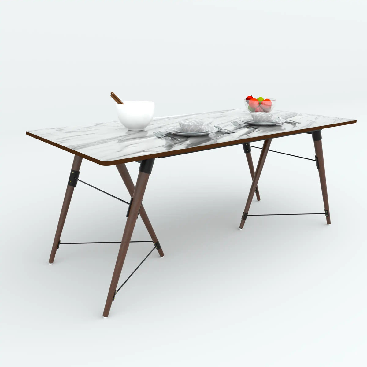 Fexon dining table with a white and grey patterned top and angled brown legs.