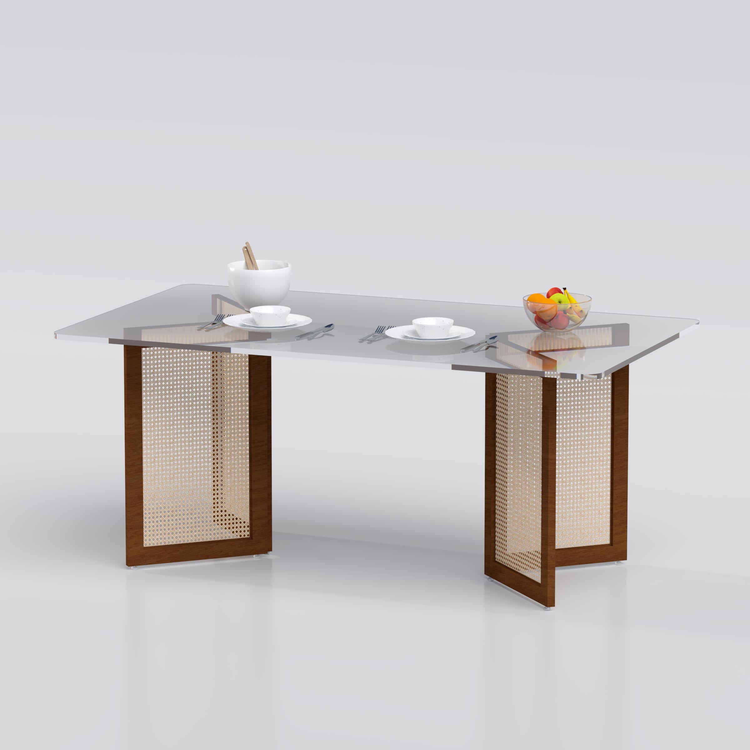 Elegant dining table with a marble-look finish and unique rattan-inspired base, perfect for family meals.

