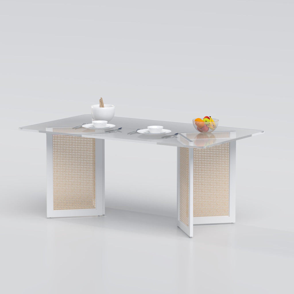Spacious dining table featuring a tempered glass top and wood accents, ideal for contemporary interiors.
