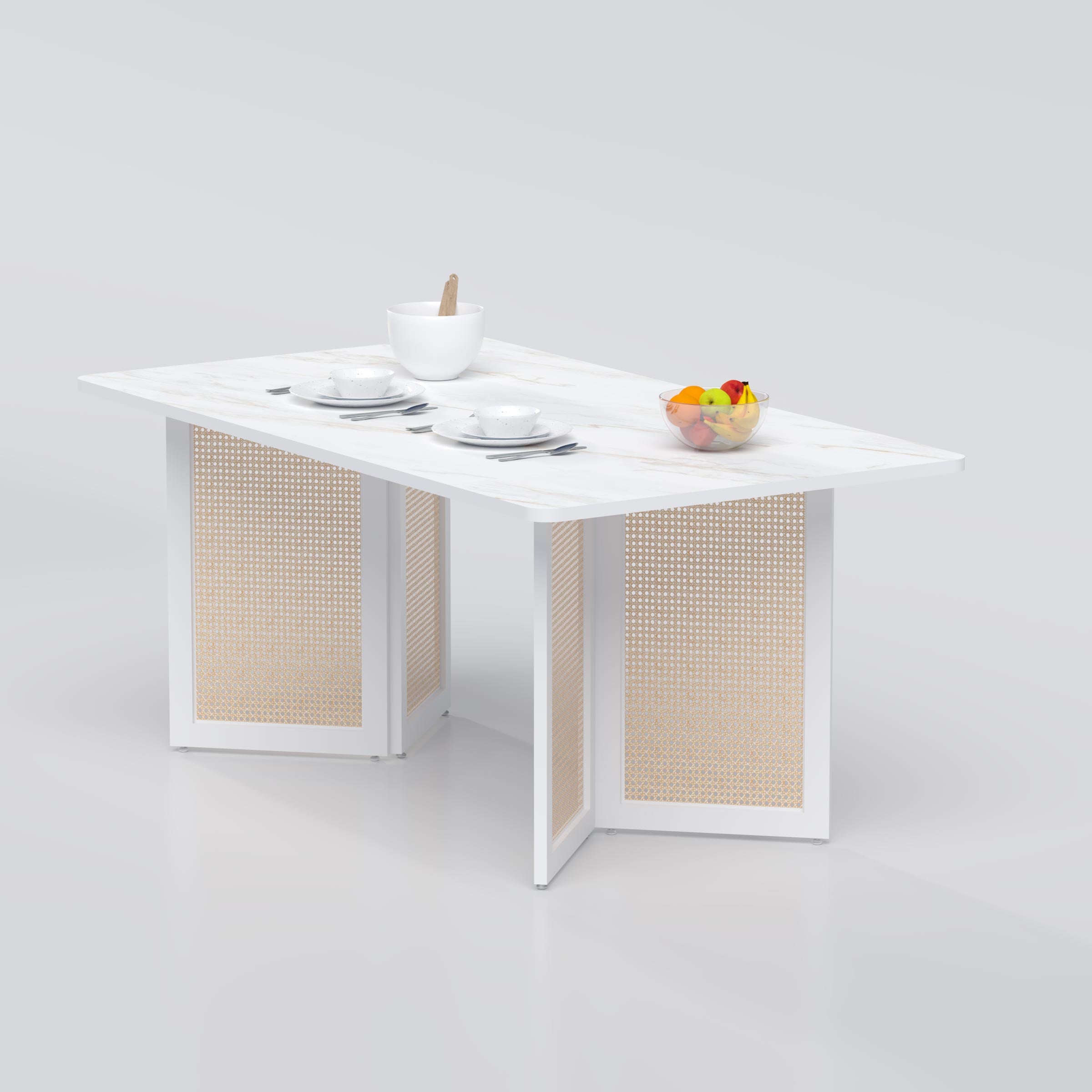 Minimalist dining table with a durable HPL board surface and rattan base for a natural, modern vibe.
