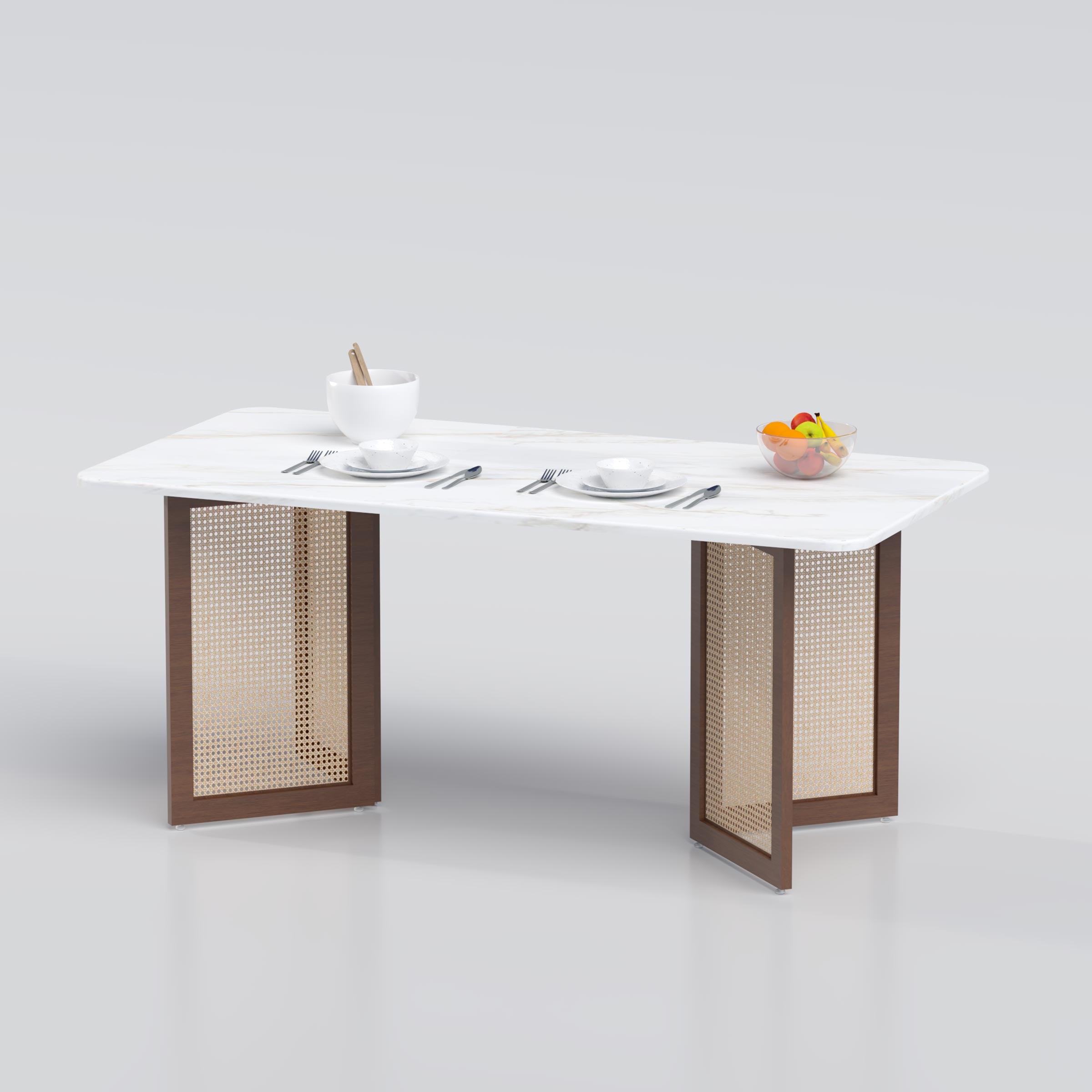 Durable dining table with a white and rattan base, offering a blend of practicality and sophistication.
