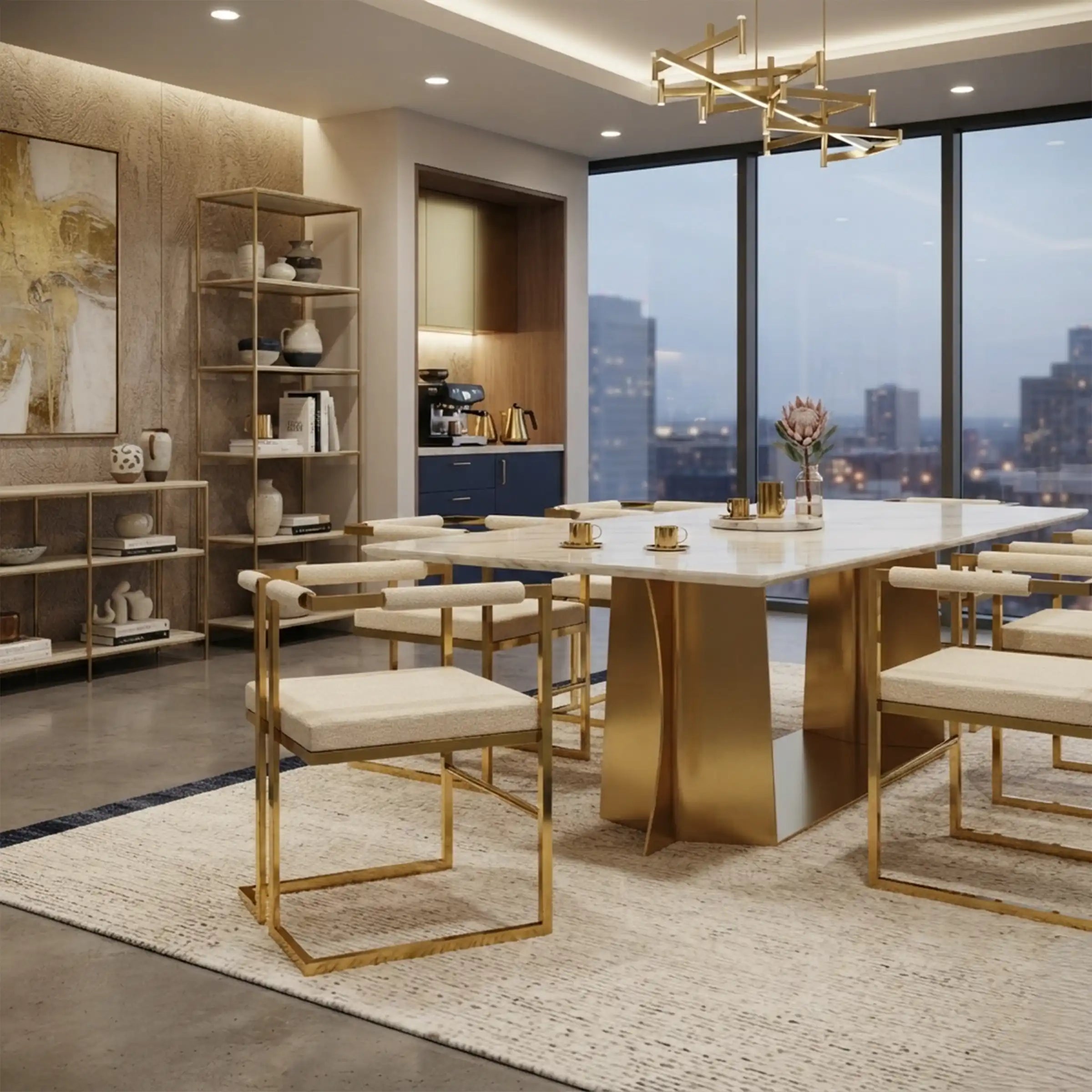 Virox Golden Dining Chairs arranged around a luxury dining table in a modern restaurant and executive interior.