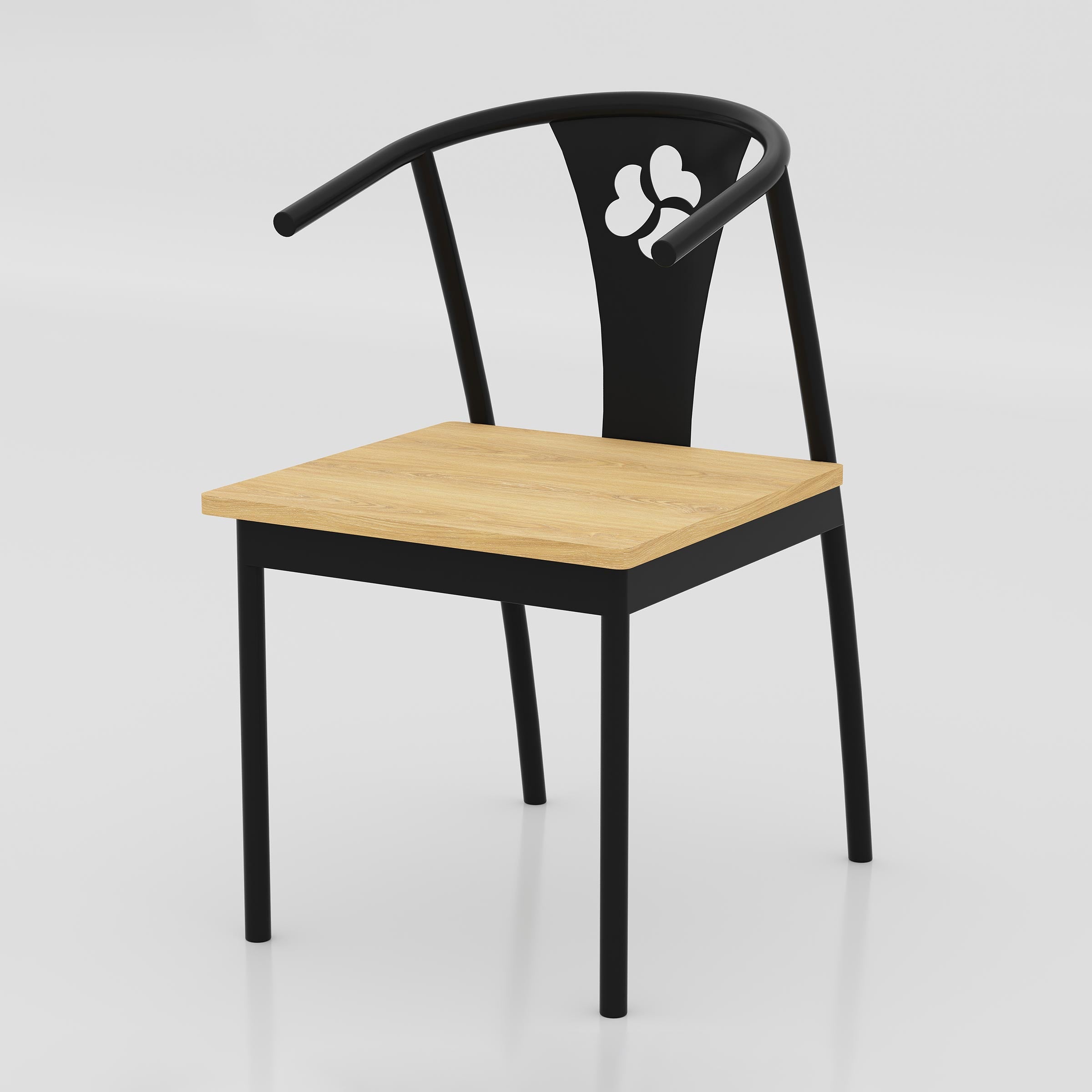 Kerox Restaurant Chair with a curved black frame, floral backrest detail and wood-finish seat for cafés and modern dining spaces.
