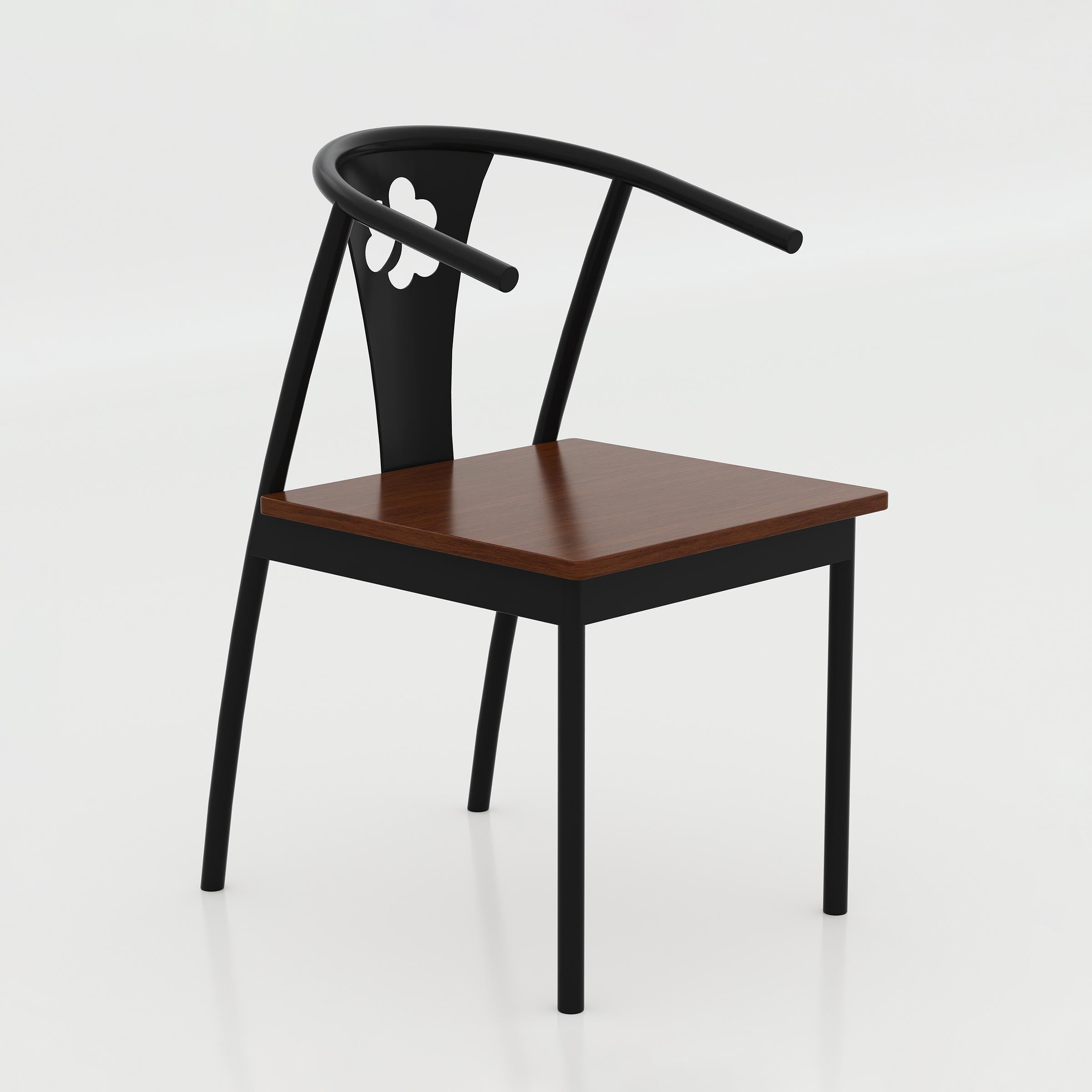 Modern Kerox dining chair featuring a decorative flower-cut back panel and compact wood-look seat for restaurants and home dining rooms.