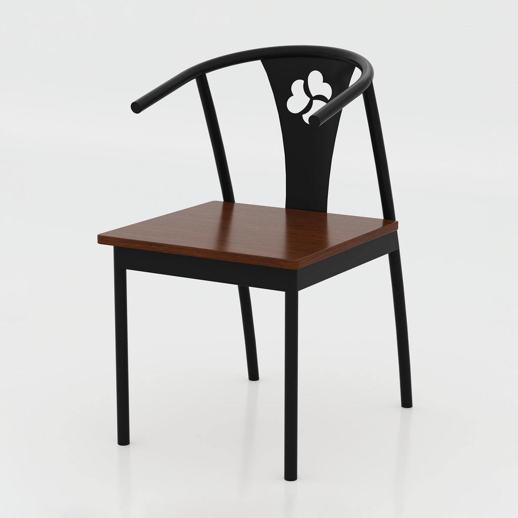 Contemporary Kerox dining chair with a floral cut-out backrest and wood-finish seat for cafés, apartments and restaurant interiors.