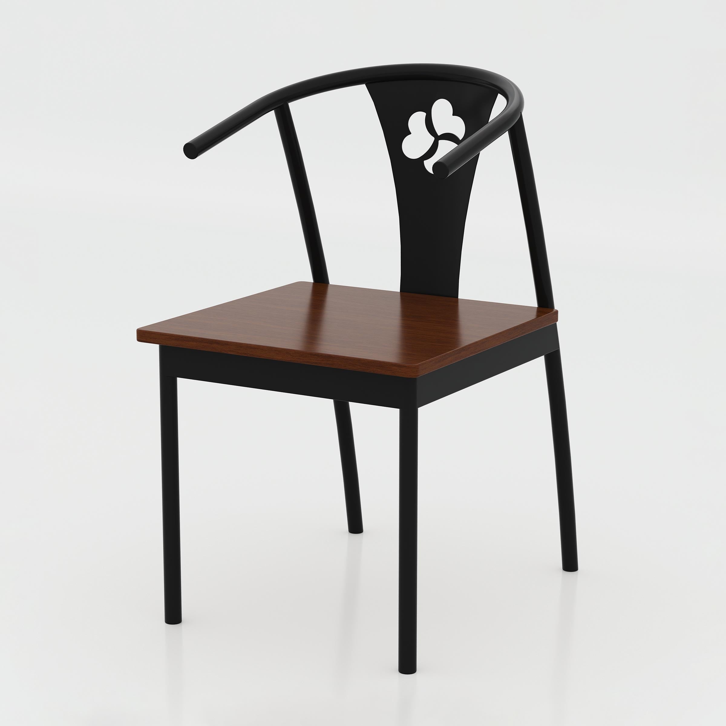 Contemporary Kerox dining chair with a floral cut-out backrest and wood-finish seat for cafés, apartments and restaurant interiors.