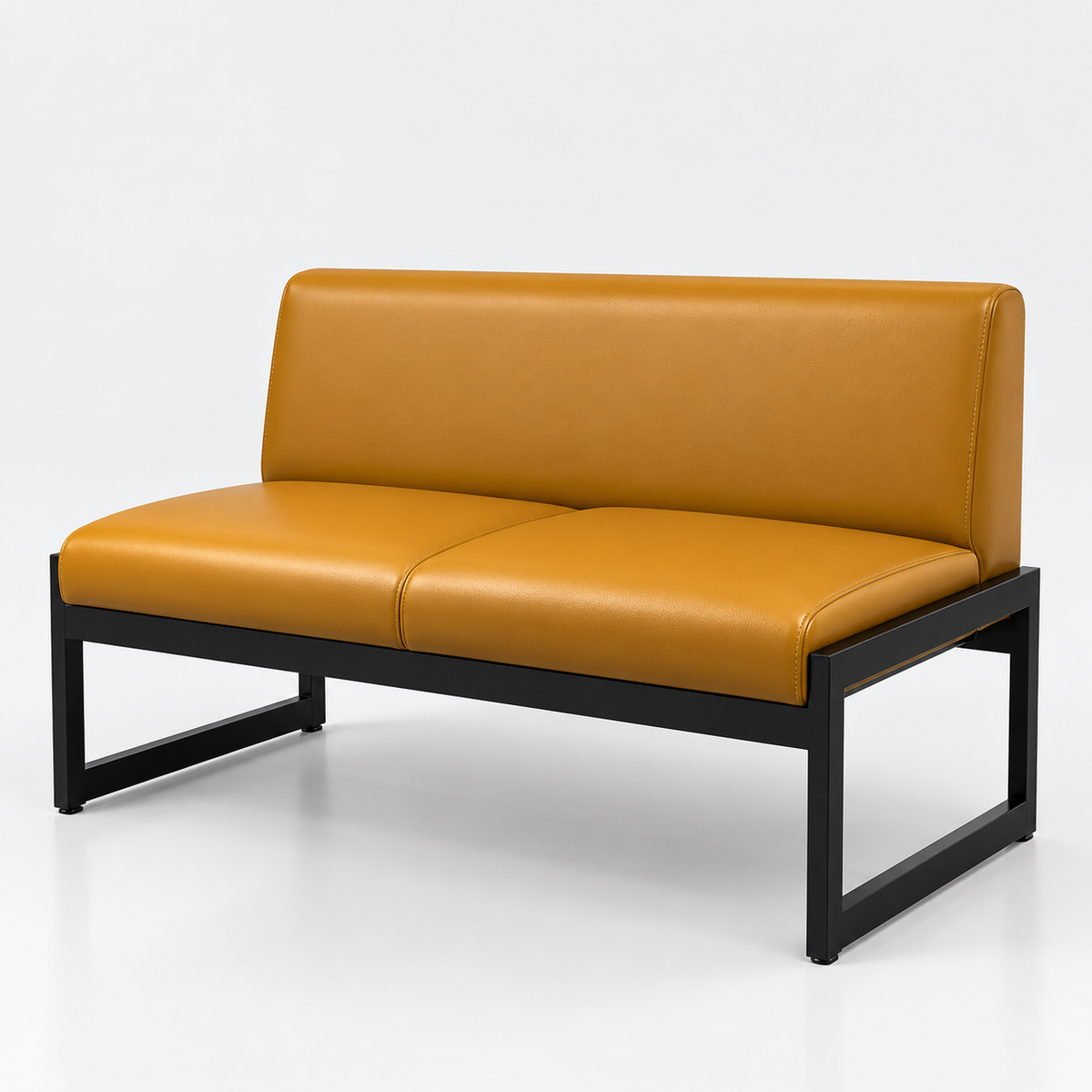 Mustard yellow Lerox sofa with a black rectangular frame.
