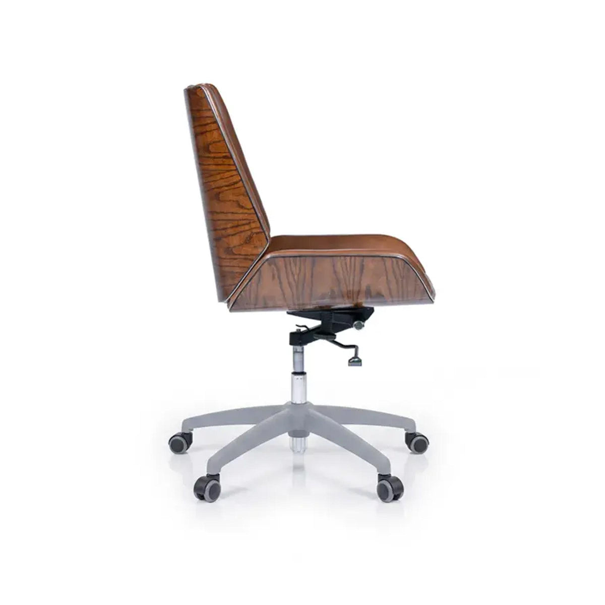 Side view of Linden Executive Chair showing wood-grain detailing, a padded seat and adjustable height for office seating.