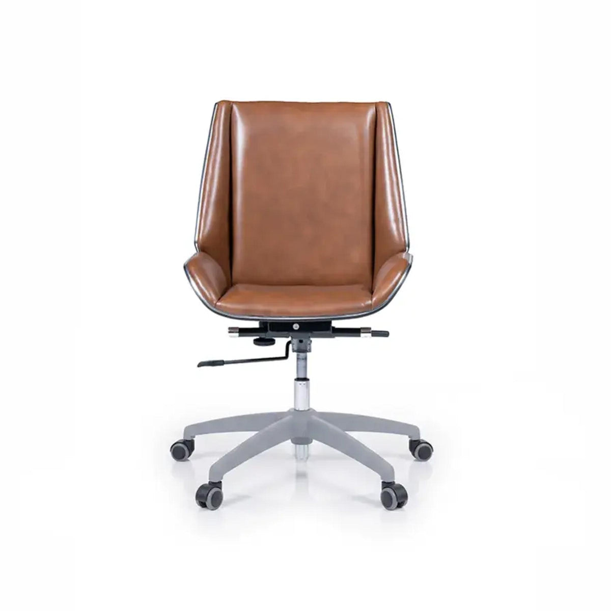 Front view of Linden Executive Chair featuring brown padded upholstery, integrated armrests and a five-star wheeled base.
