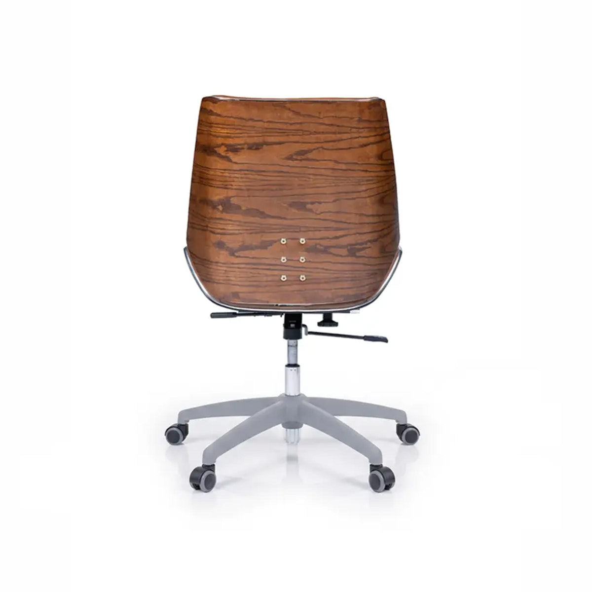 Rear view of Linden Executive Chair highlighting the elegant wood-grain back panel, silver base and smooth caster wheels.
