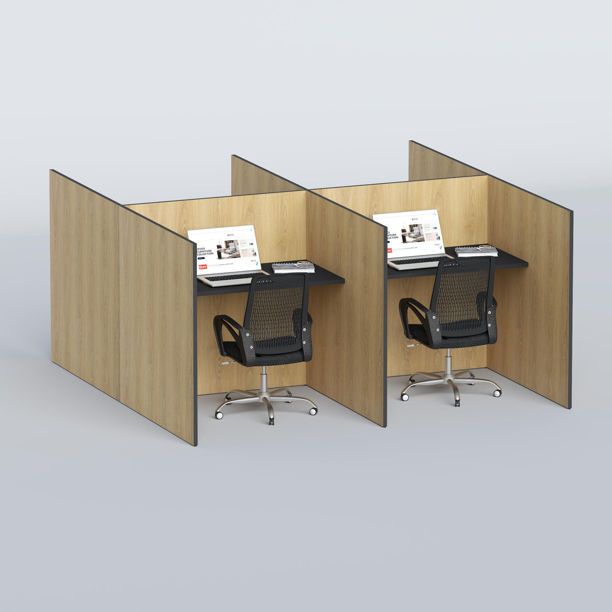 Face-to-face Lonex workstation with four individual work zones and high divider panels for focused employee seating.