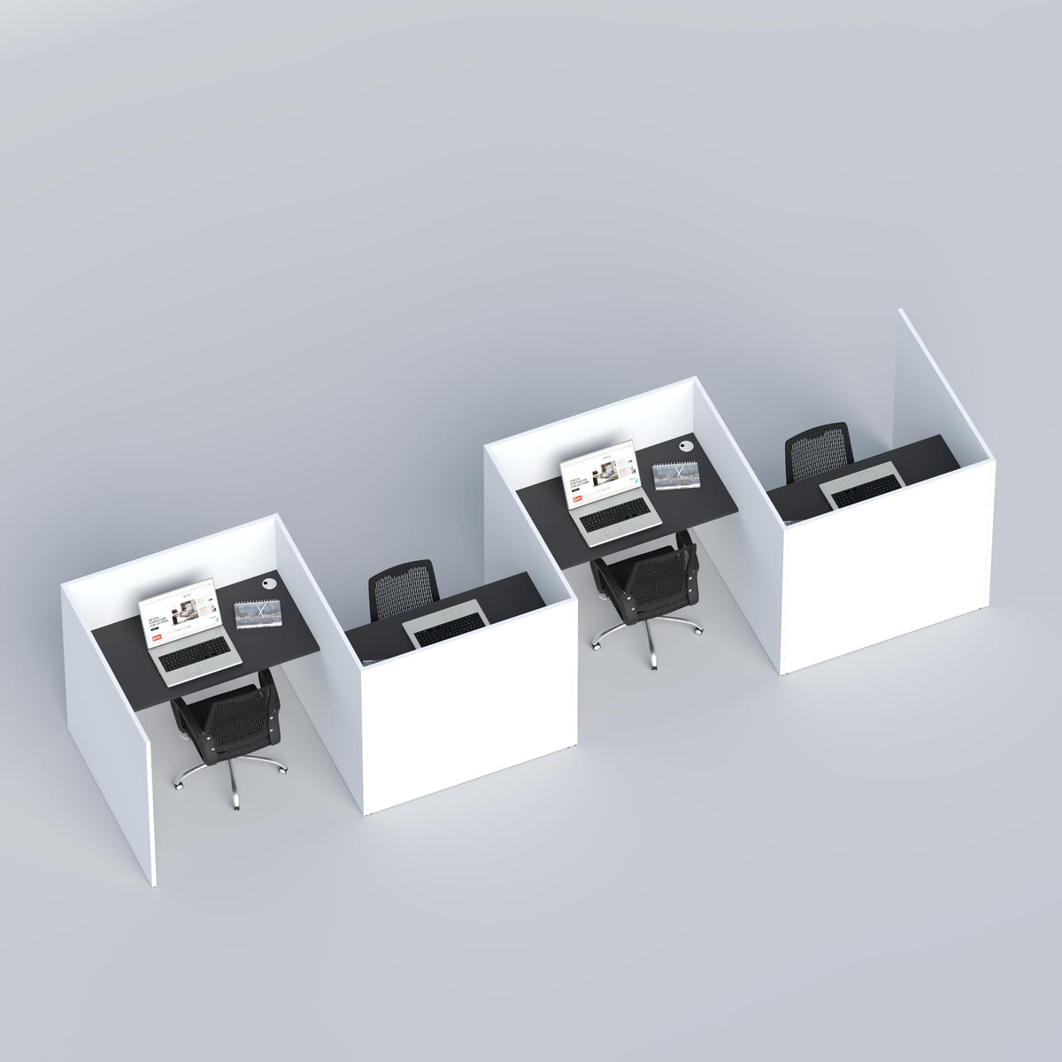 Lonex four seater office workstation with side-by-side seating, privacy dividers and spacious individual work areas.