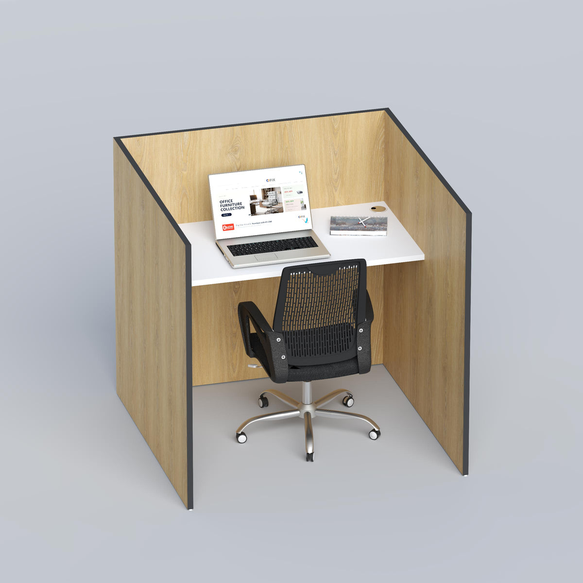 Private Lonex office desk with surrounding panels and cable port for productive individual workspace setups.