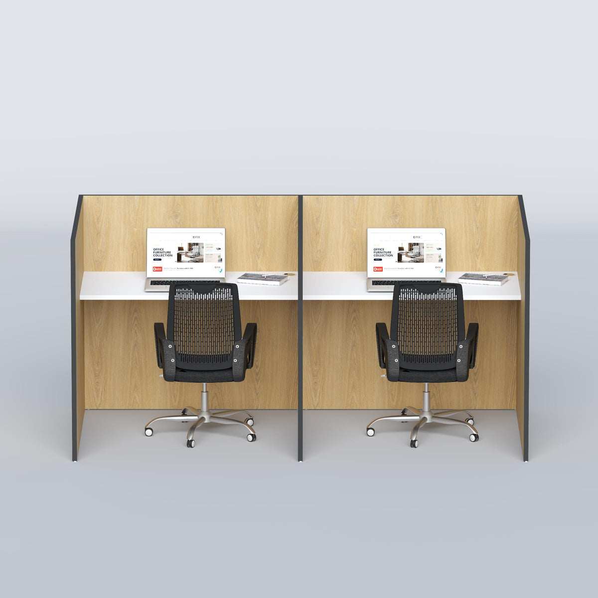 Lonex two seater workstation with wood-grain partitions and white worktops, front view with chairs.