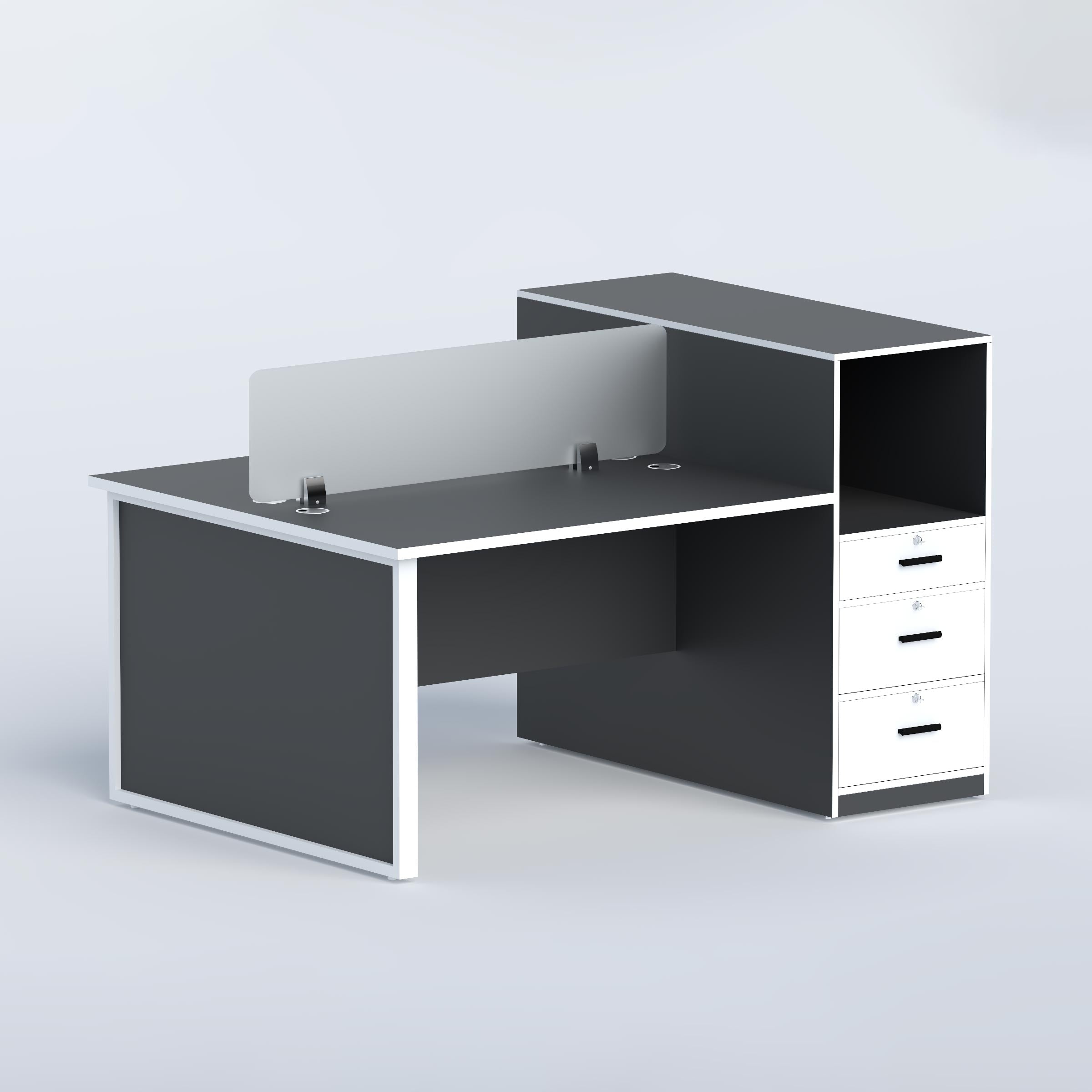 Red Oak and white Mavon two-person workstation with privacy screen, storage drawers and open office shelf