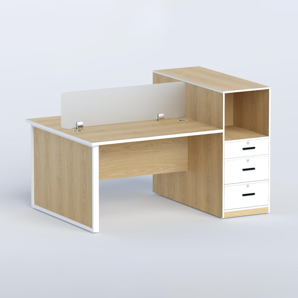 Mavon face-to-face 2-seater office workstation in black and white with divider, drawers, shelf and cable ports