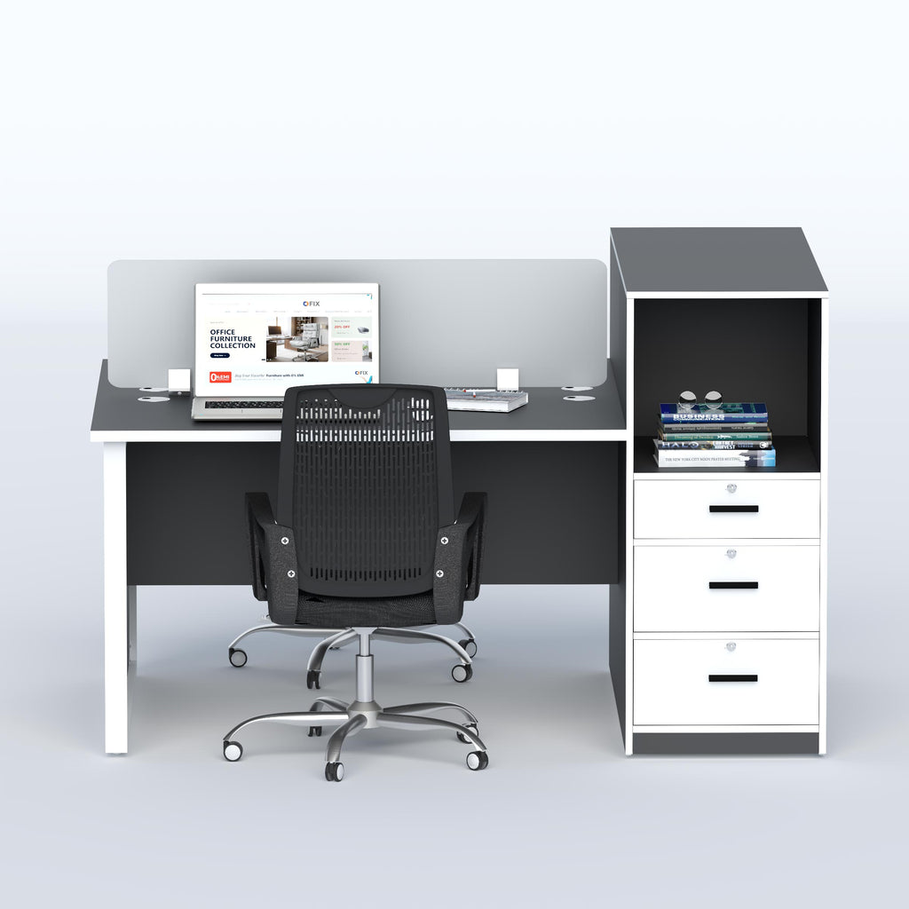 Front view of Mavon 2-seater office workstation with chairs, laptops, divider, cable ports and drawer storage