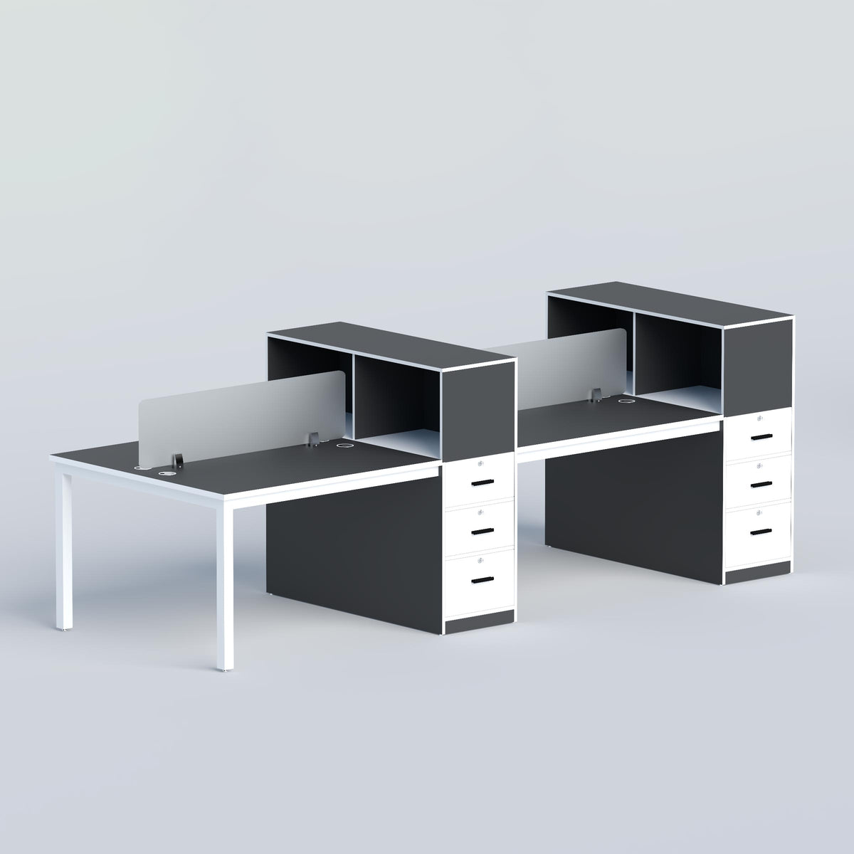 Myron four-seater face-to-face workstation with privacy dividers, storage drawers and shelves for modern office teams.