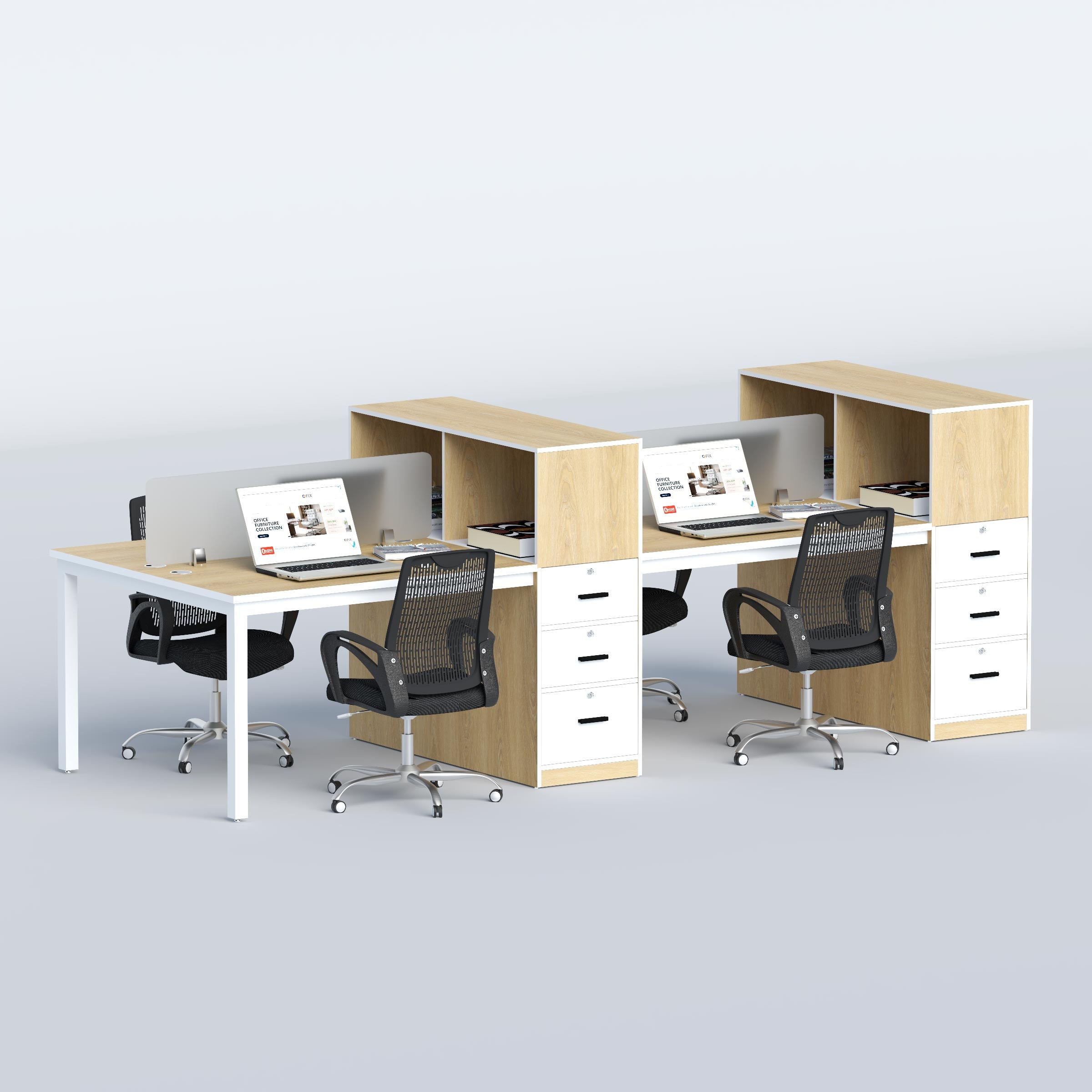 Modern Myron four-person office workstation with spacious desks, cable ports, open shelves and organised drawer storage.