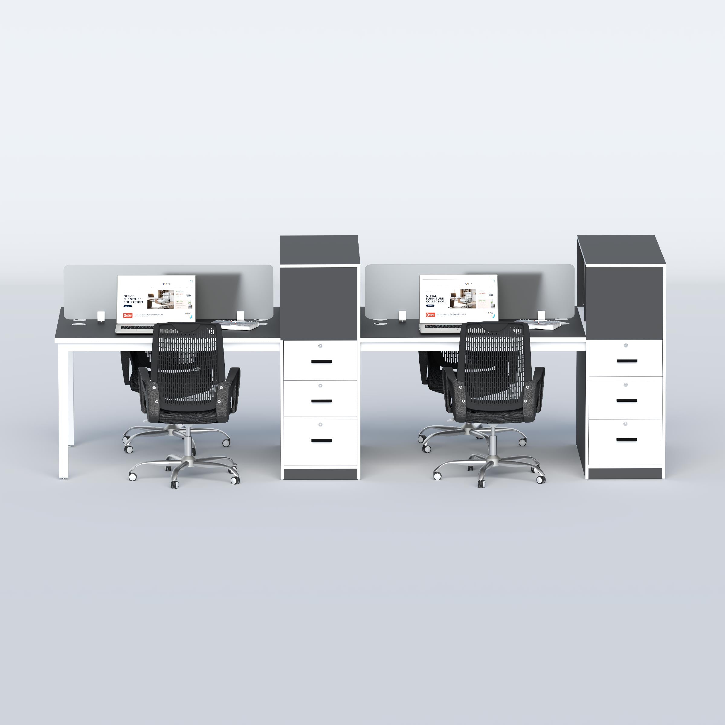 Myron face-to-face workstation for four with privacy screens, three-drawer units and practical shared office storage.