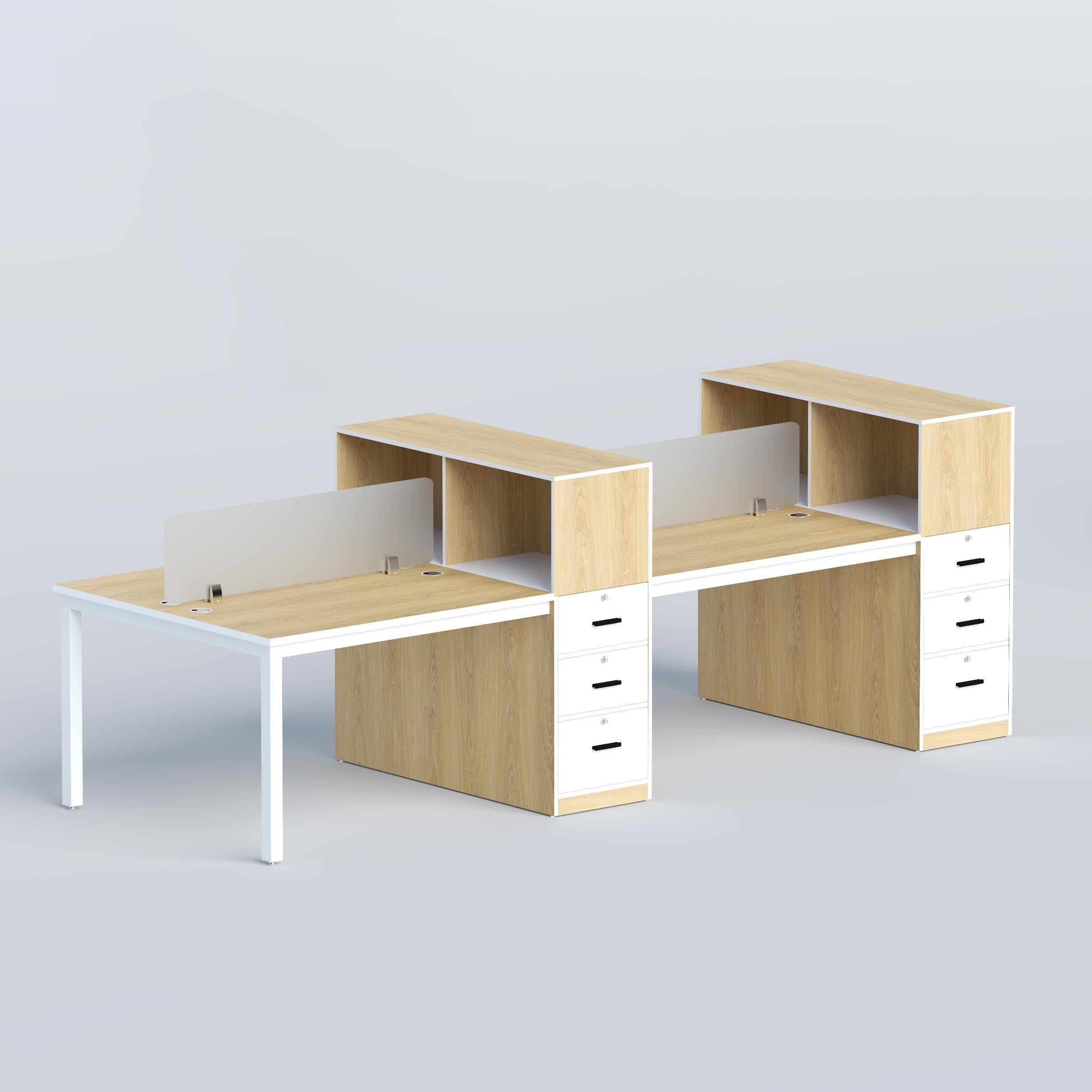 Four-seater Myron office workstation with individual work areas, cable management and integrated storage for teams.