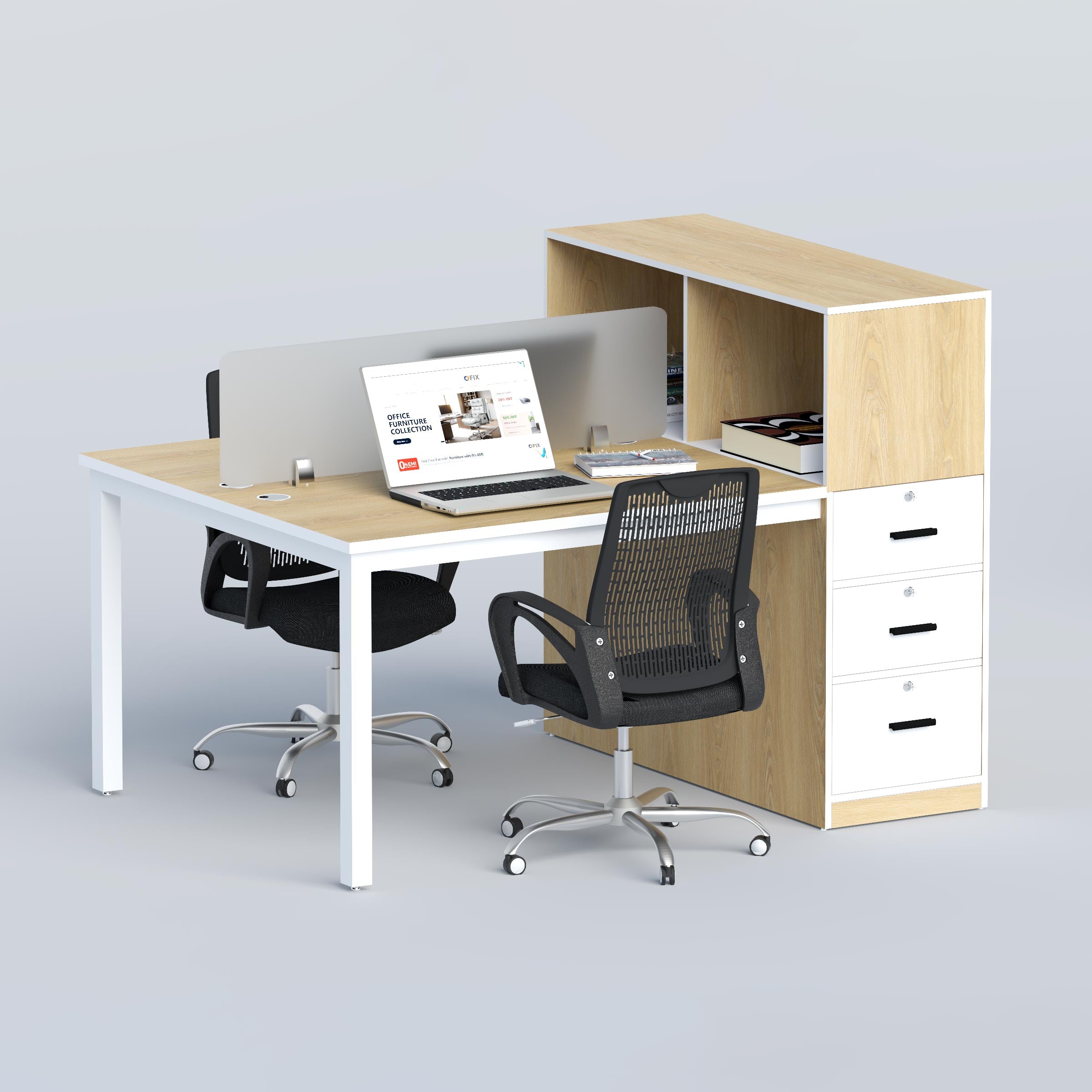 Myron face-to-face two-seater workstation with privacy divider, storage drawers and shelves for modern office teams.