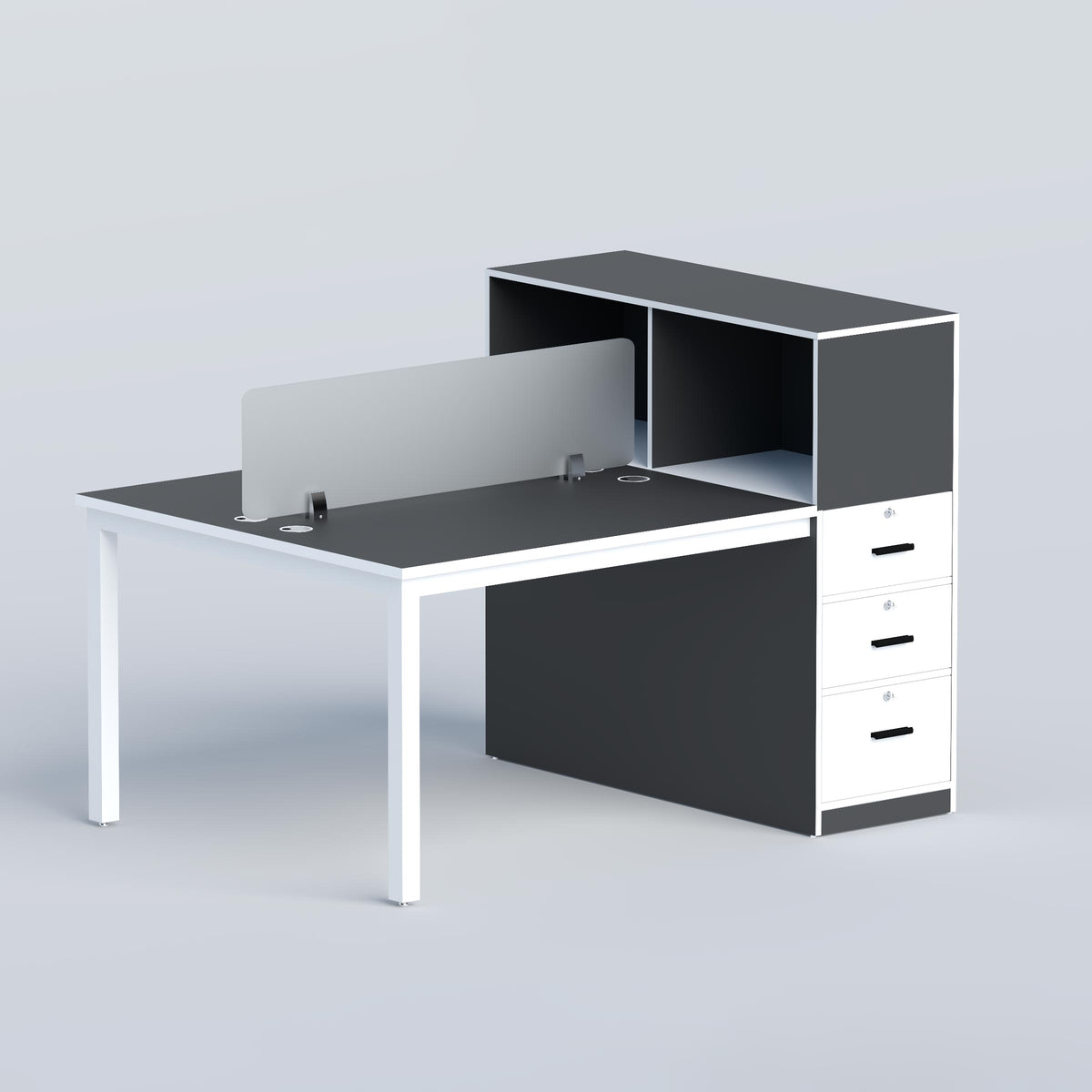 Modern Myron two-person workstation with spacious desks, cable ports, storage cabinet and privacy screen for offices.