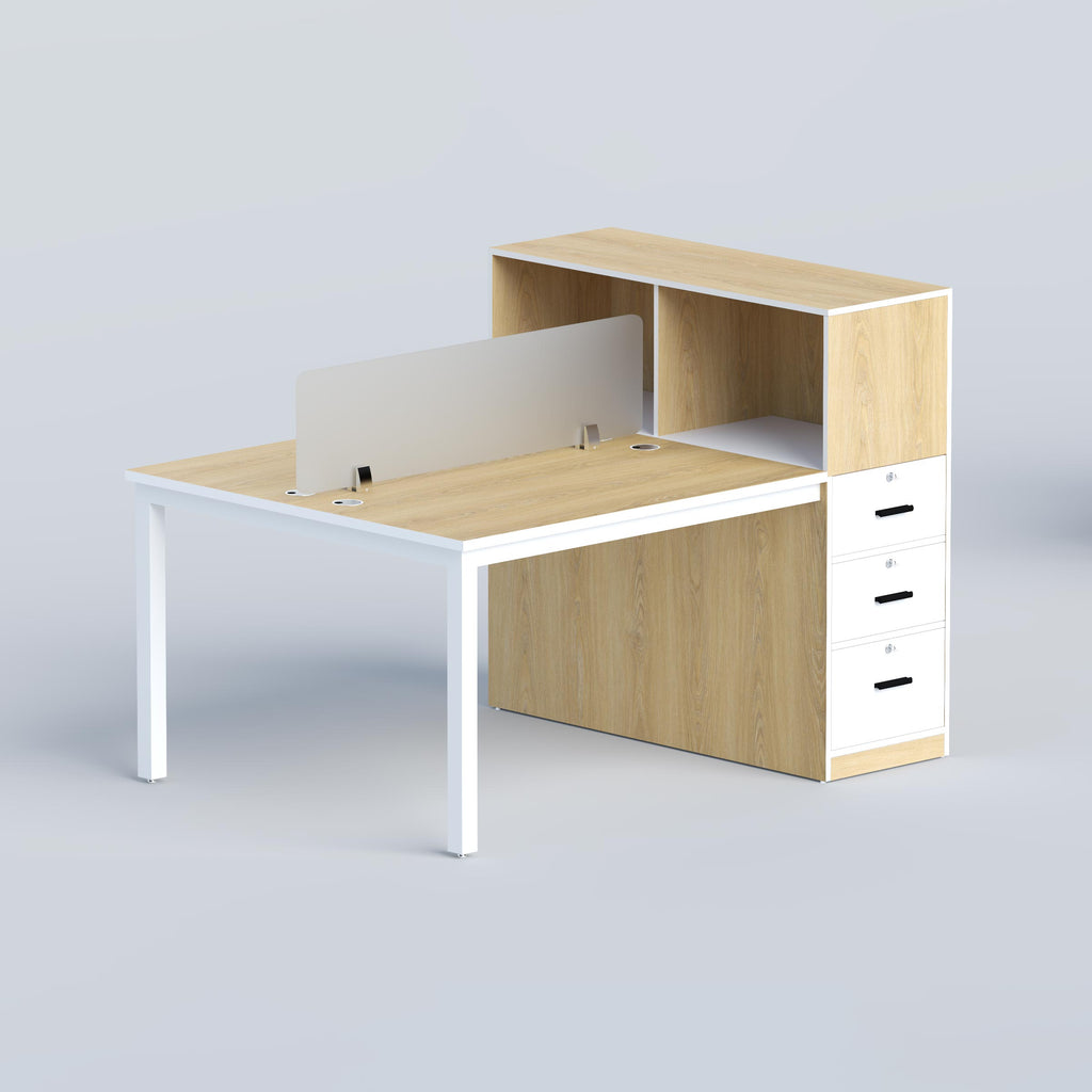 Myron office workstation for two with face-to-face seating, three drawers, open shelves and a clean modern design.