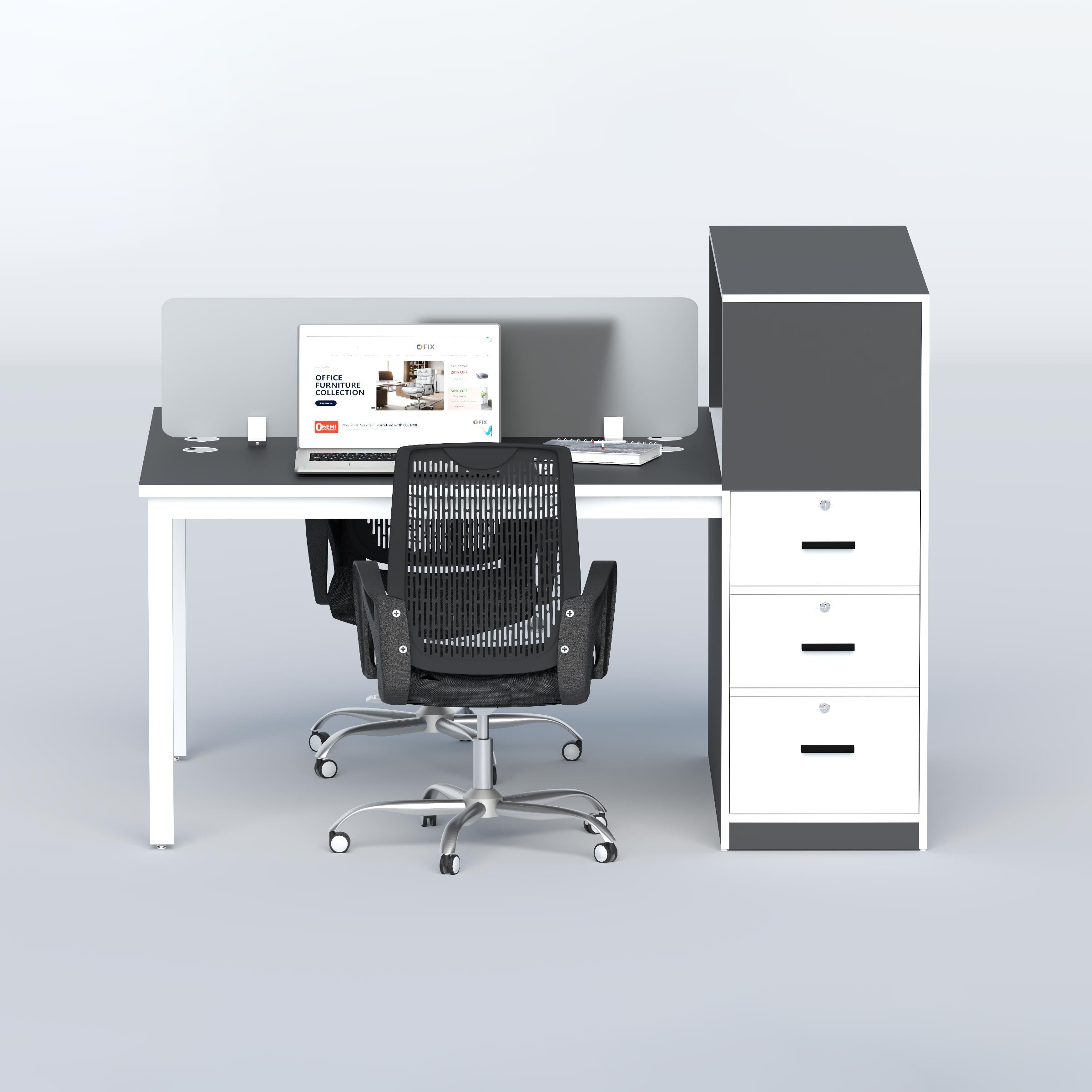 Two-seater Myron workstation with integrated storage, cable management and divider for productive shared offices.