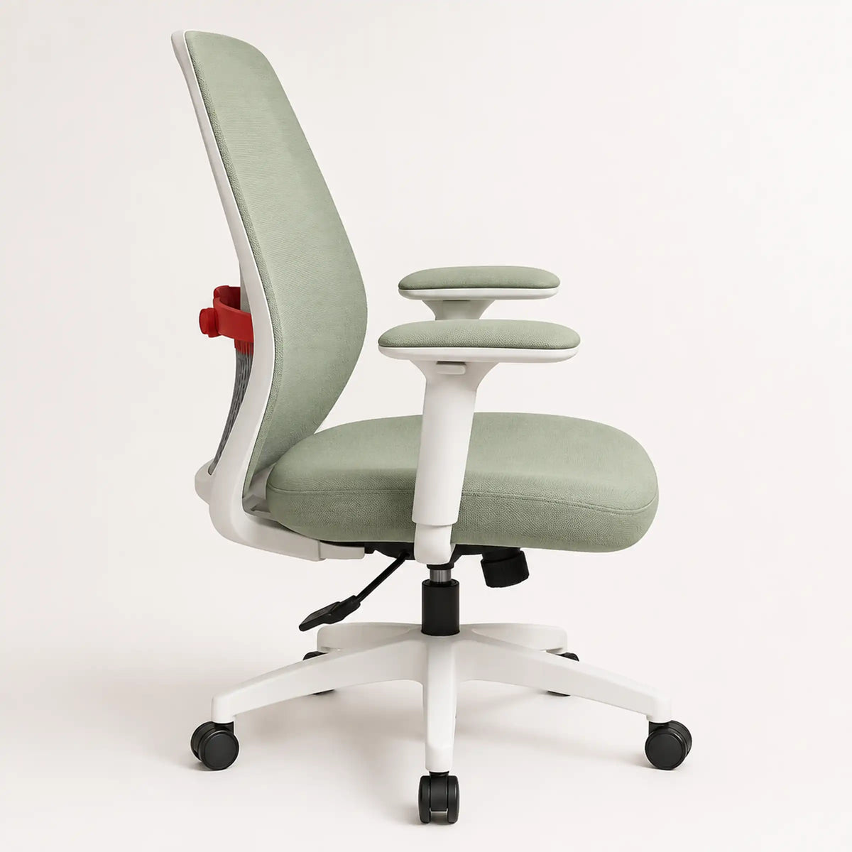 Green Nexa Mesh Chair side view with breathable mesh back, padded seat, flip-up armrests, and white rolling office base.