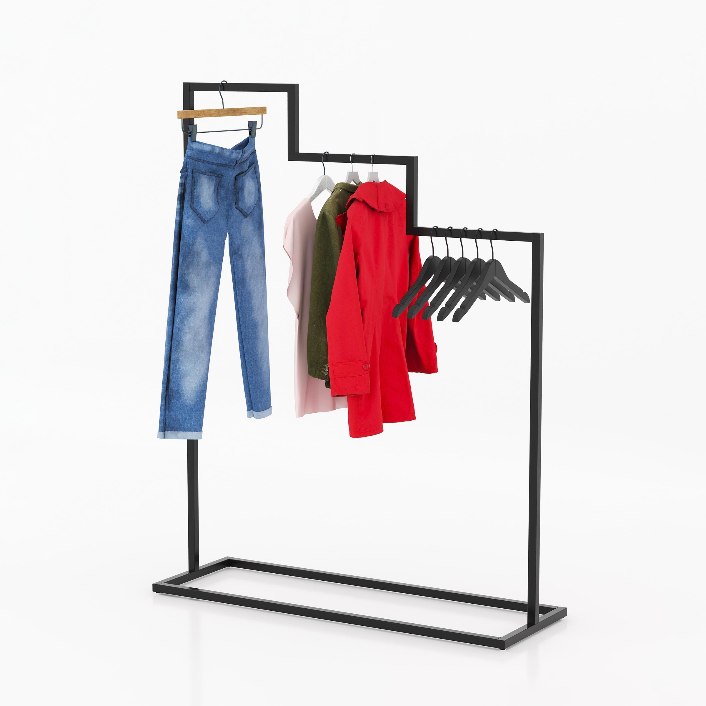 Nivon Cloth Stand with a three-level stepped metal hanging frame for organized garment display in boutiques, showrooms and fashion studios.