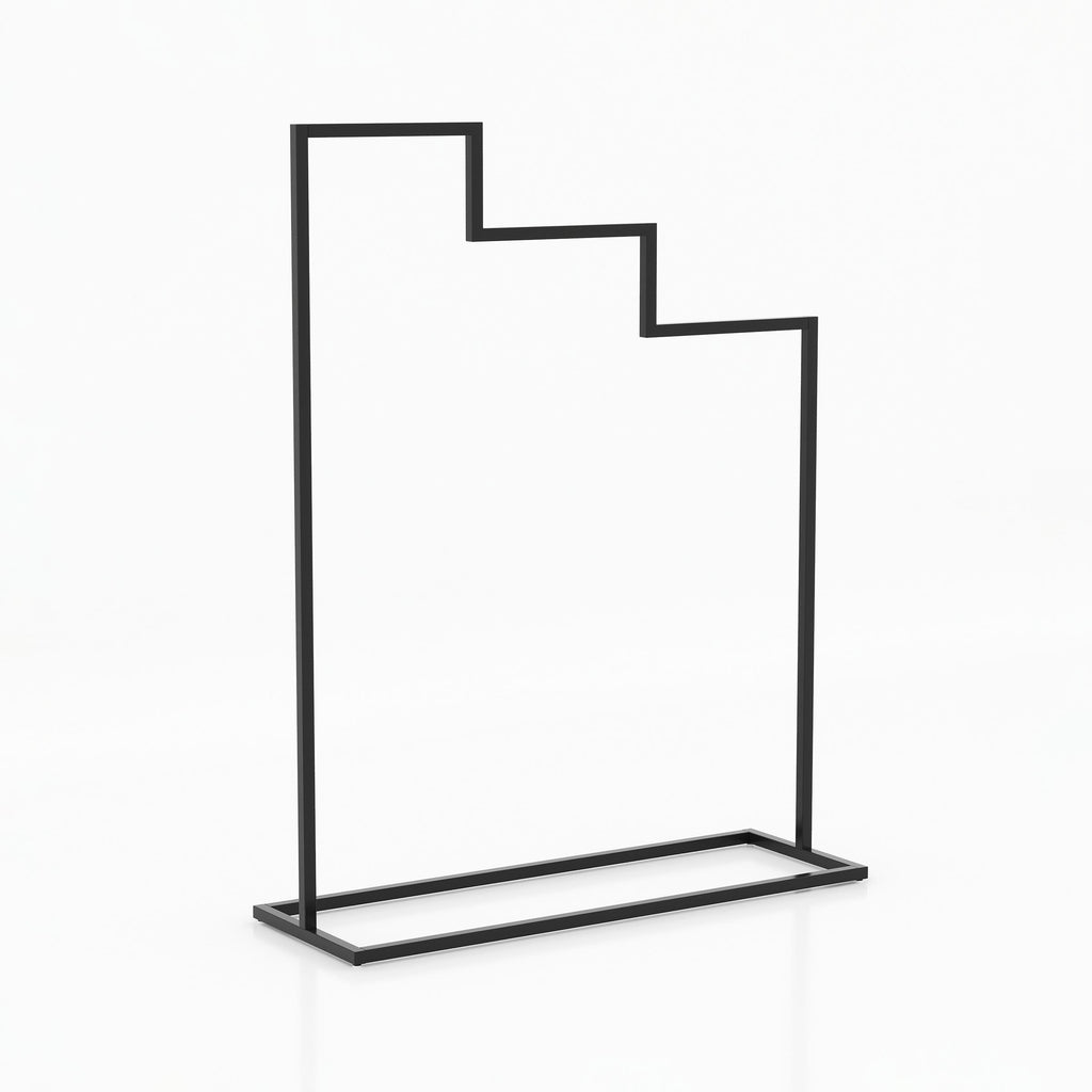 Industrial-style Nivon Cloth Stand with separate stepped sections for displaying long, medium and short garments in organized collections.