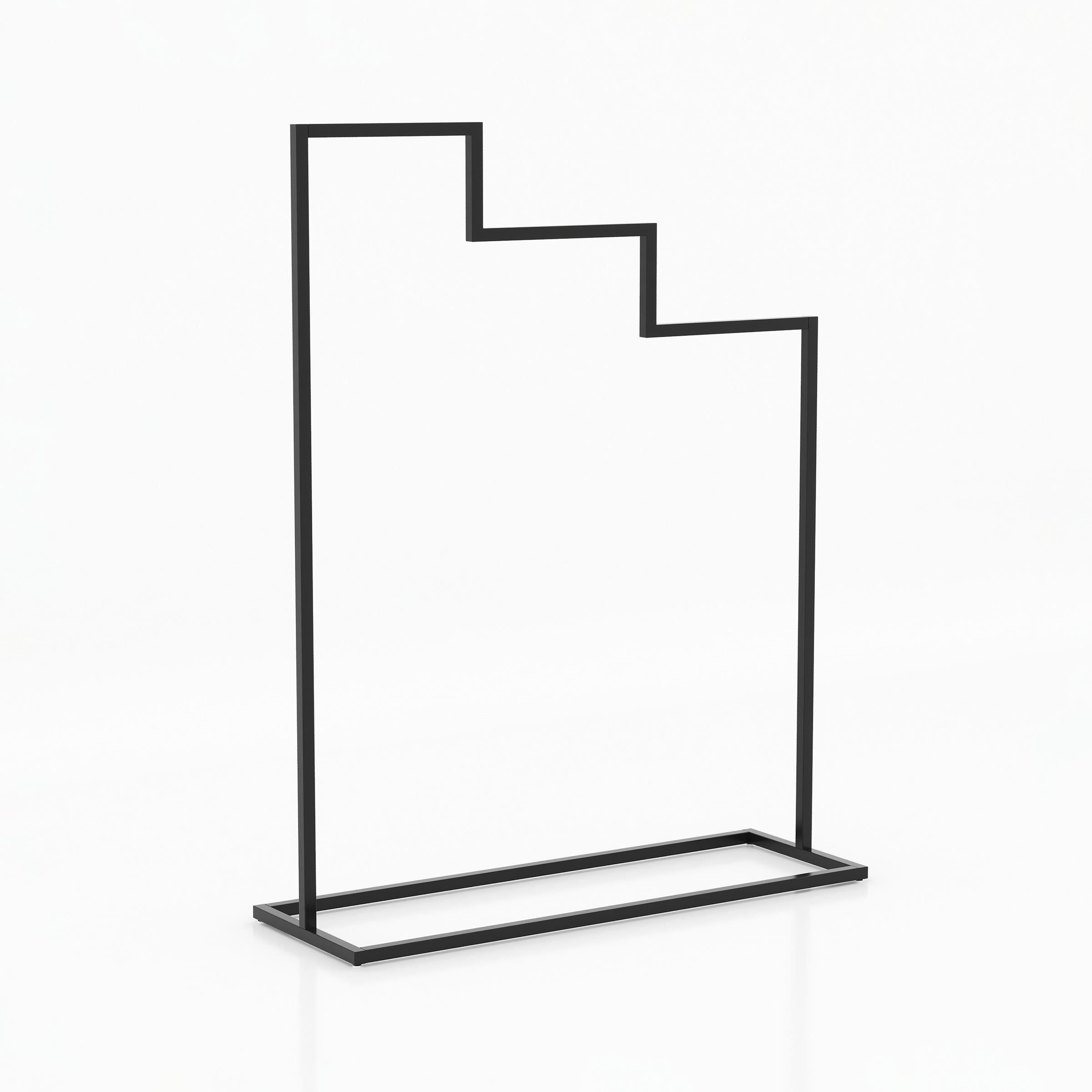 Industrial-style Nivon Cloth Stand with separate stepped sections for displaying long, medium and short garments in organized collections.