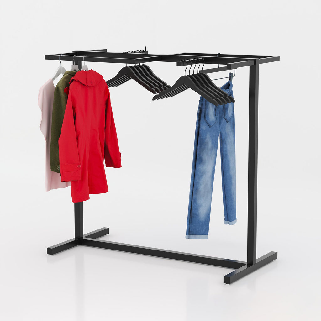 Nivra Cloth Stand with a modern black metal frame and multi-section hanging layout for organized boutique garment display and storage.