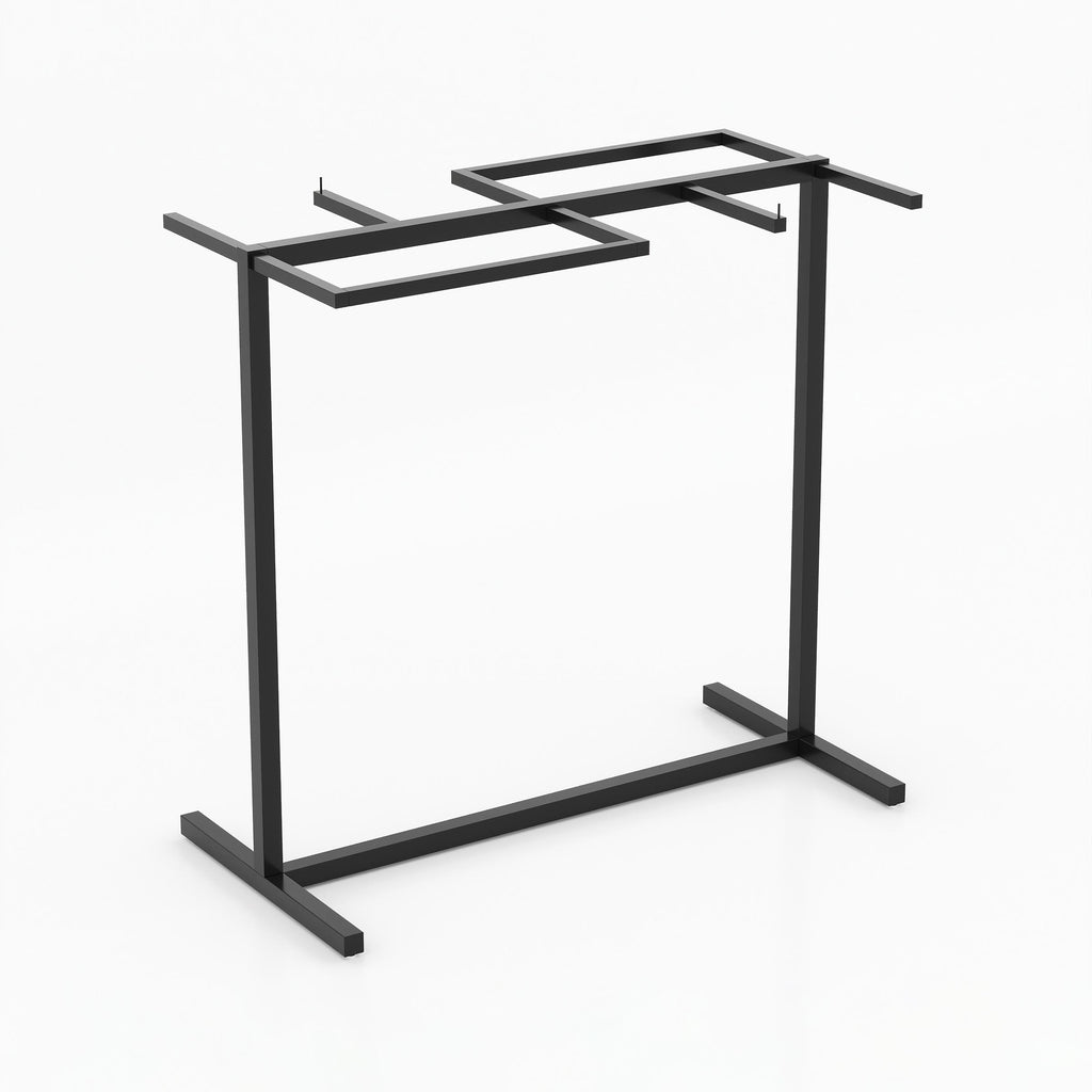 Freestanding Nivra clothing rack featuring multiple hanging zones and a stable rectangular base for fashion stores and showrooms.