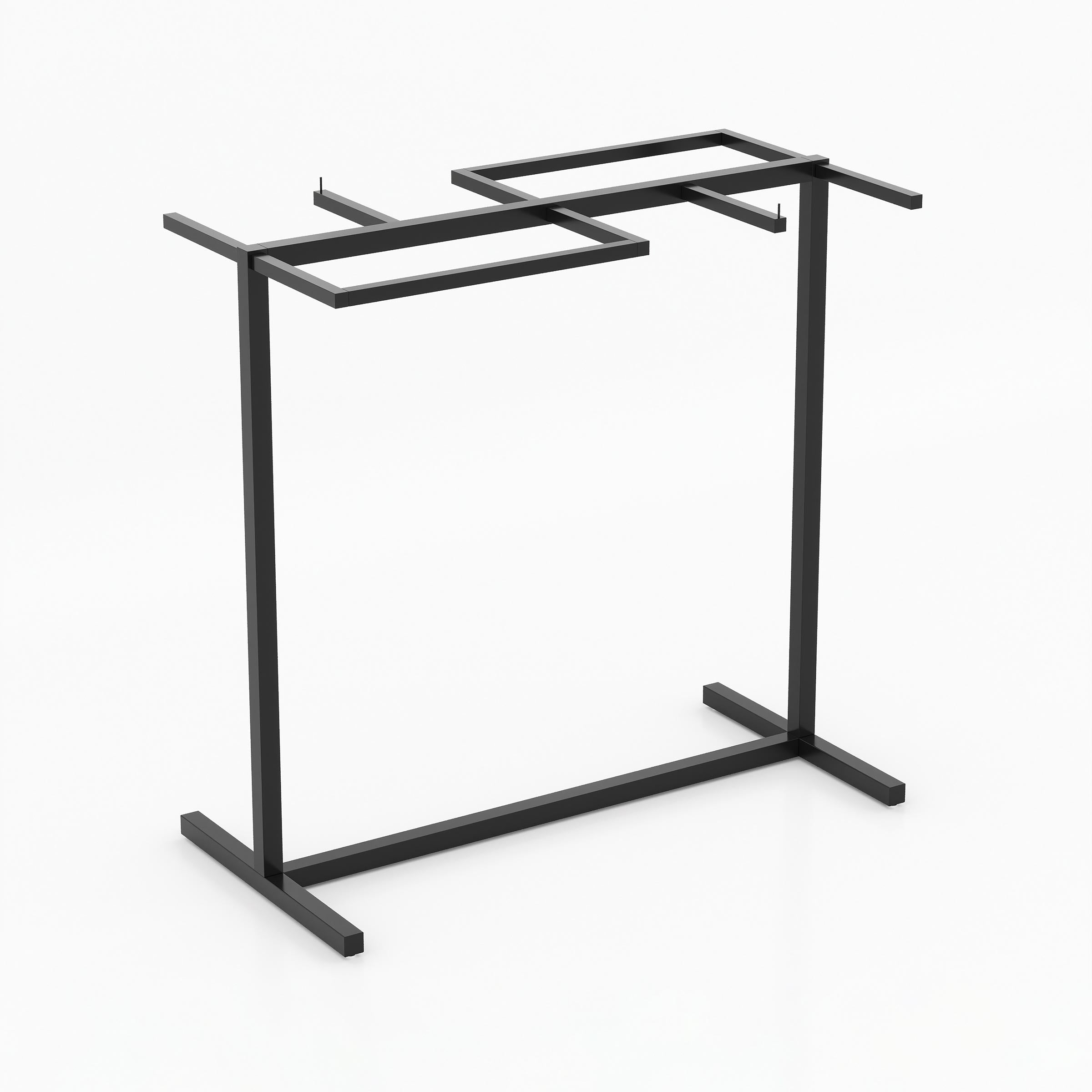 Freestanding Nivra clothing rack featuring multiple hanging zones and a stable rectangular base for fashion stores and showrooms.