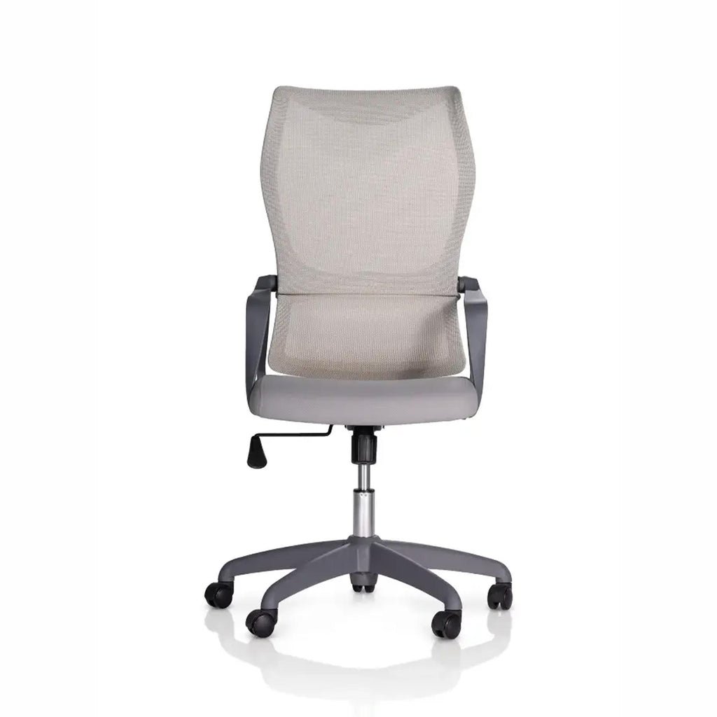 Front view of Noble Executive Chair in grey featuring a breathable mesh backrest, padded seat and integrated armrests.