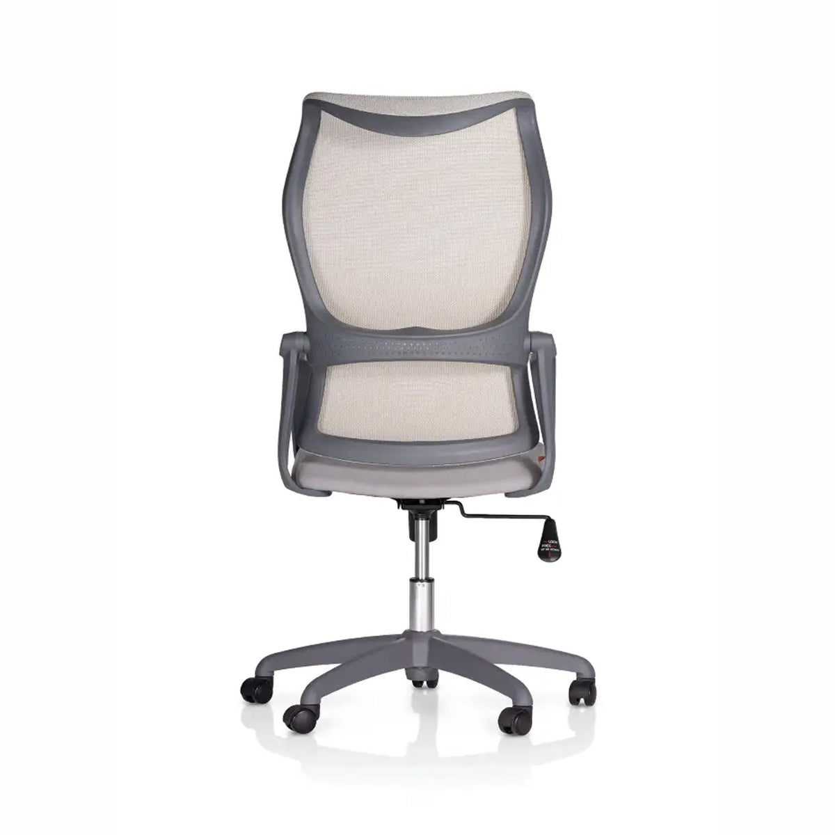 Rear view of grey Noble Executive Chair with mesh back, horizontal support bars and a five-star caster base.